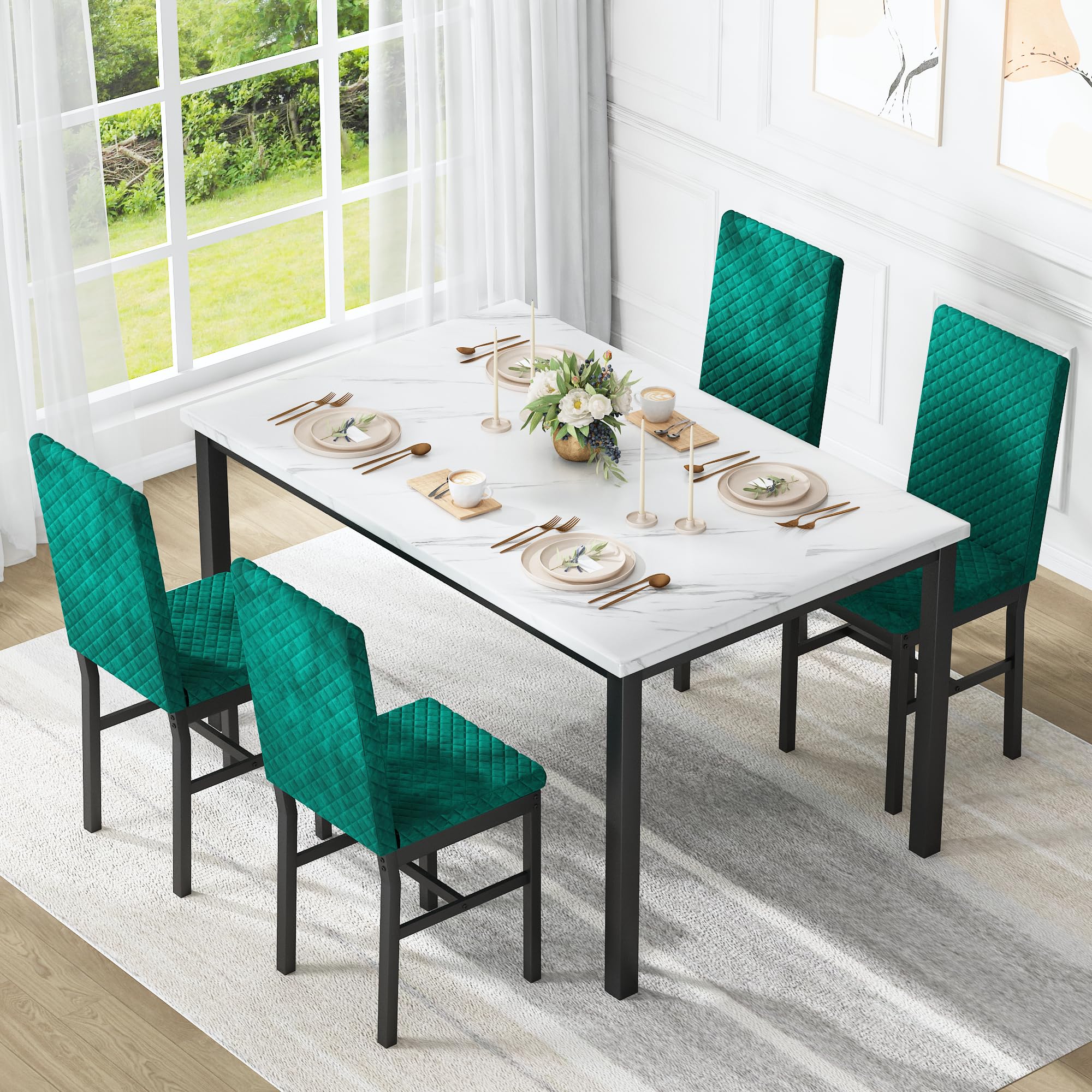 5-Piece Dining Table Set with Faux Marble Top and Velvet Chairs