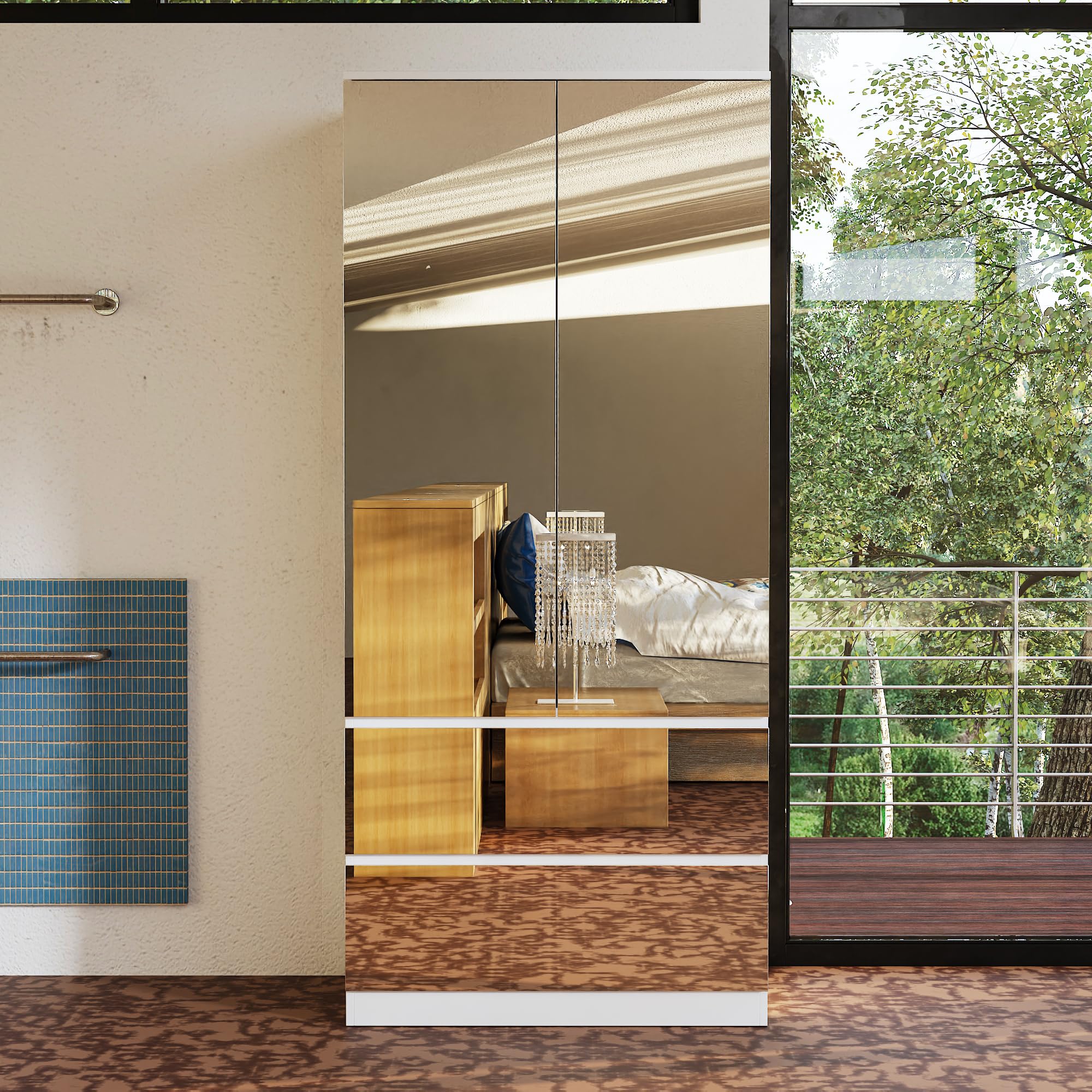 Mirrored Wardrobe Closet with 2 Doors, 2 Drawers & Hanging Rod