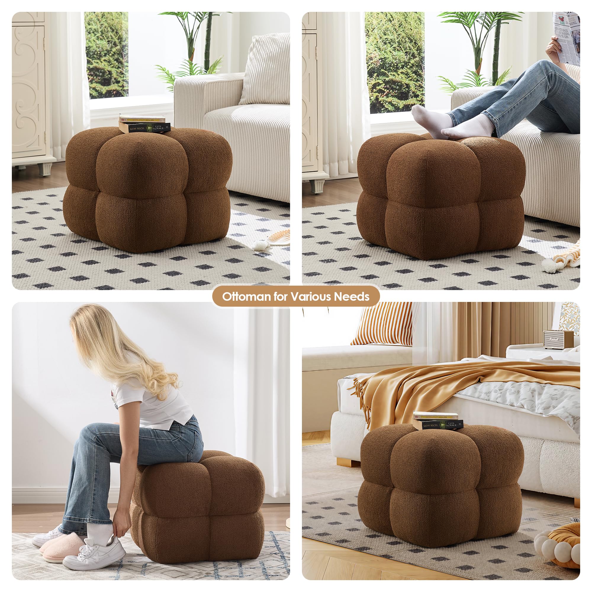 Square Teddy Fleece Ottoman Rust Brown