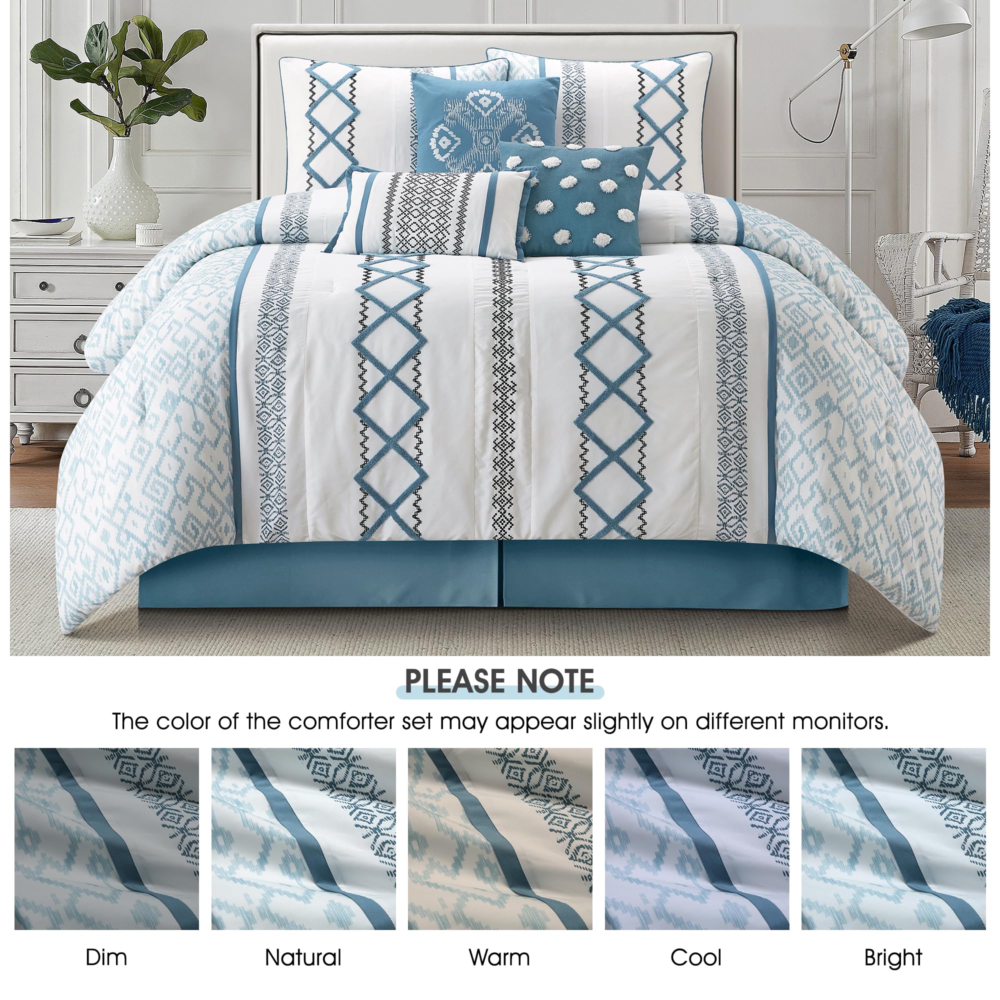 Blue Queen Comforter Set 7-Piece Geometric Embroidered Bedding