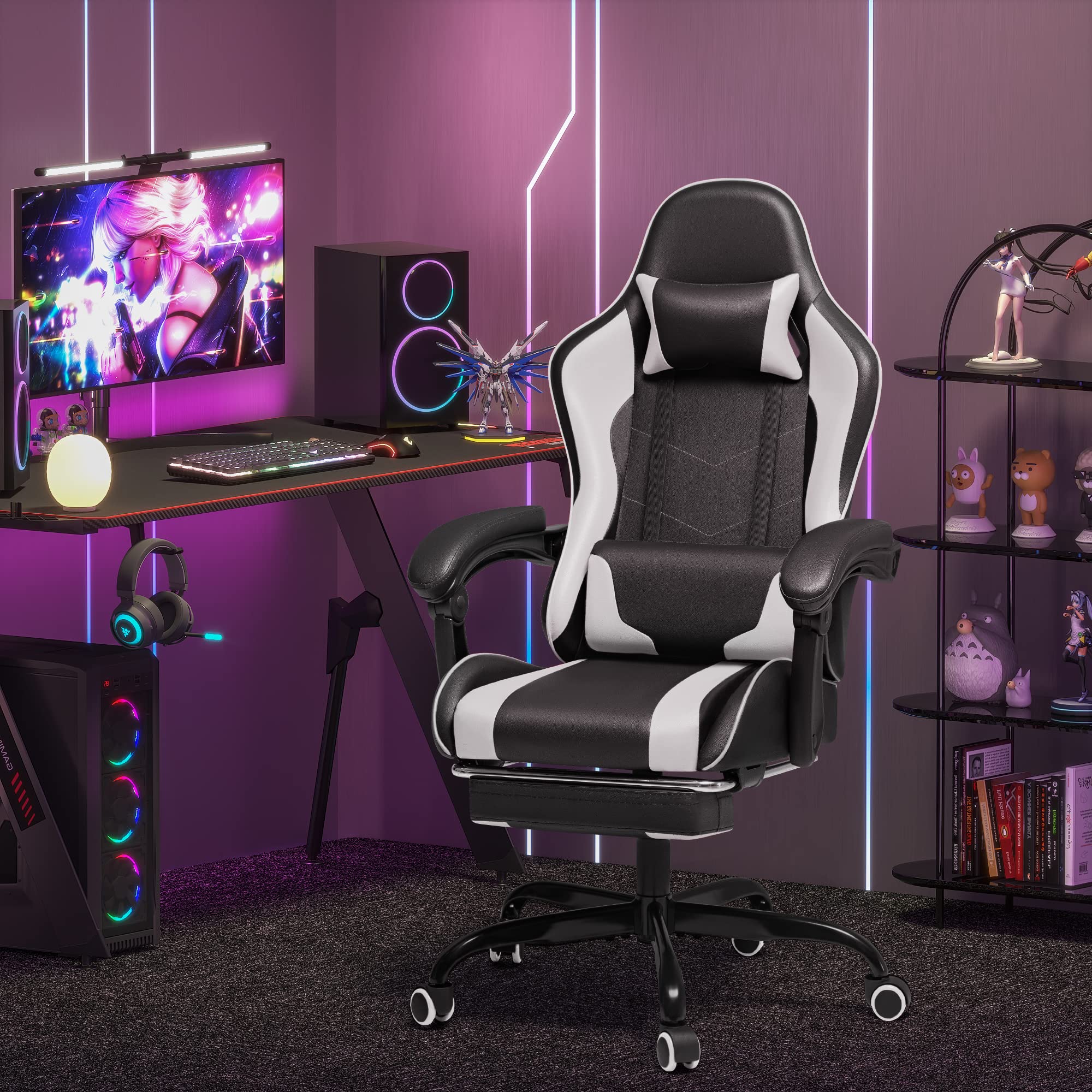 Ergonomic Gaming Chair with Footrest and Massage Lumbar Support