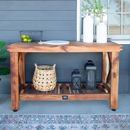 Cedar Wood Buffet Hutch Serving Station with Steel Countertop