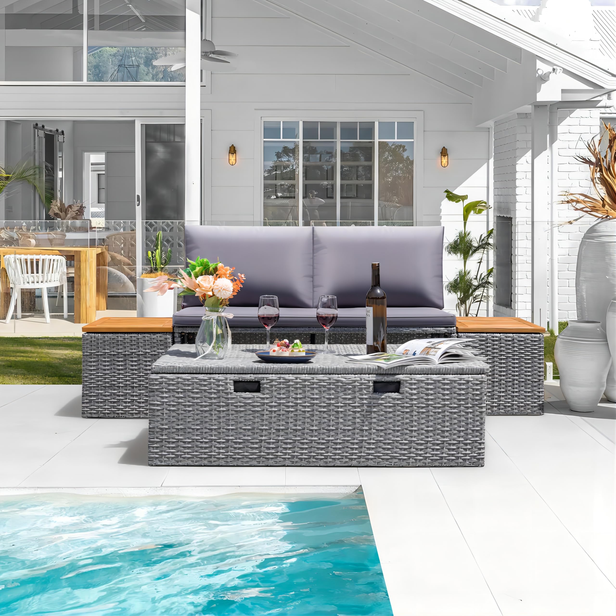 Outdoor Daybed Set with Storage Bench and Side Tables
