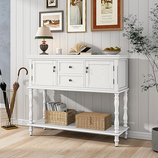 Retro Console Table with 2 Drawers and Storage Cabinets