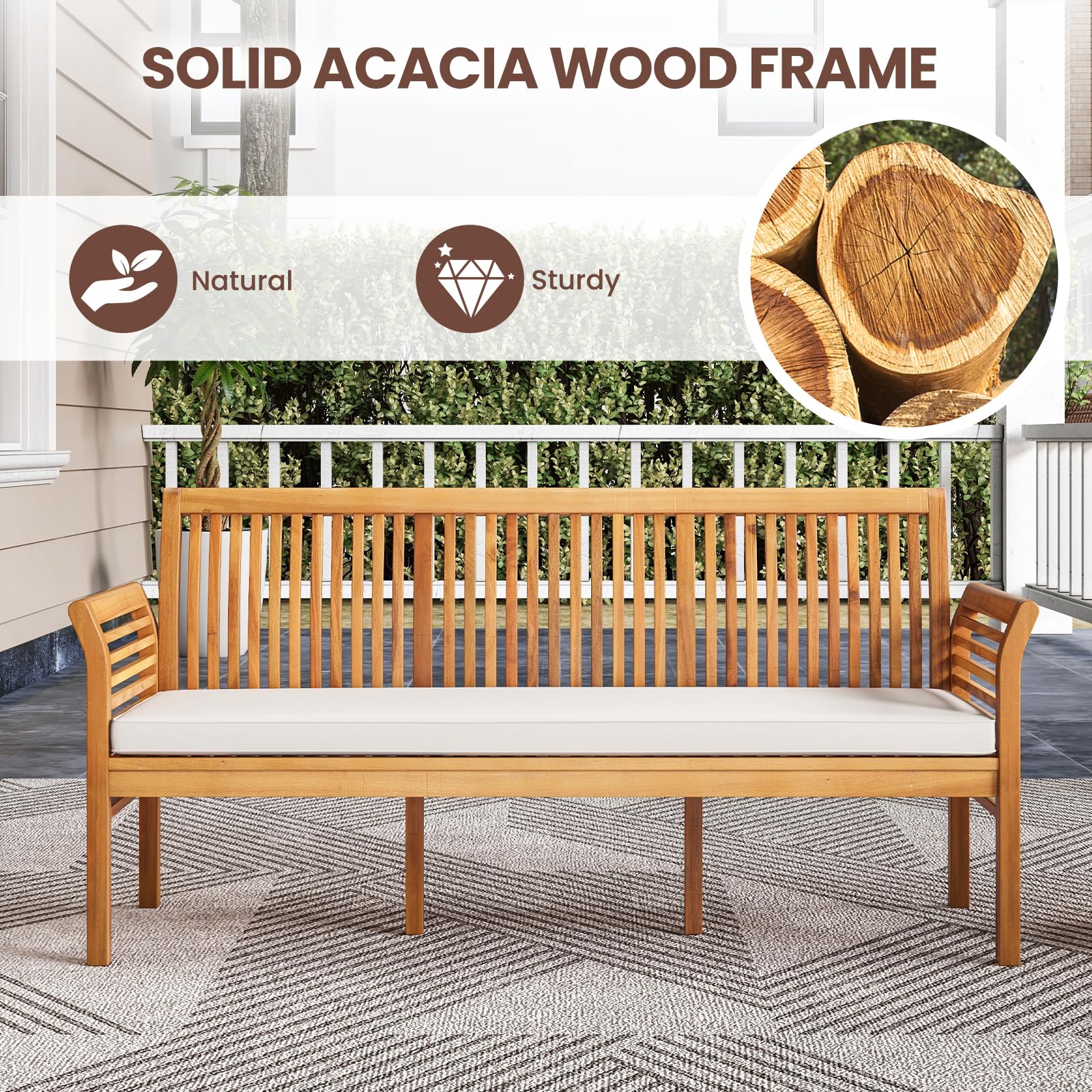3-Person Acacia Wood Outdoor Bench with Cushion