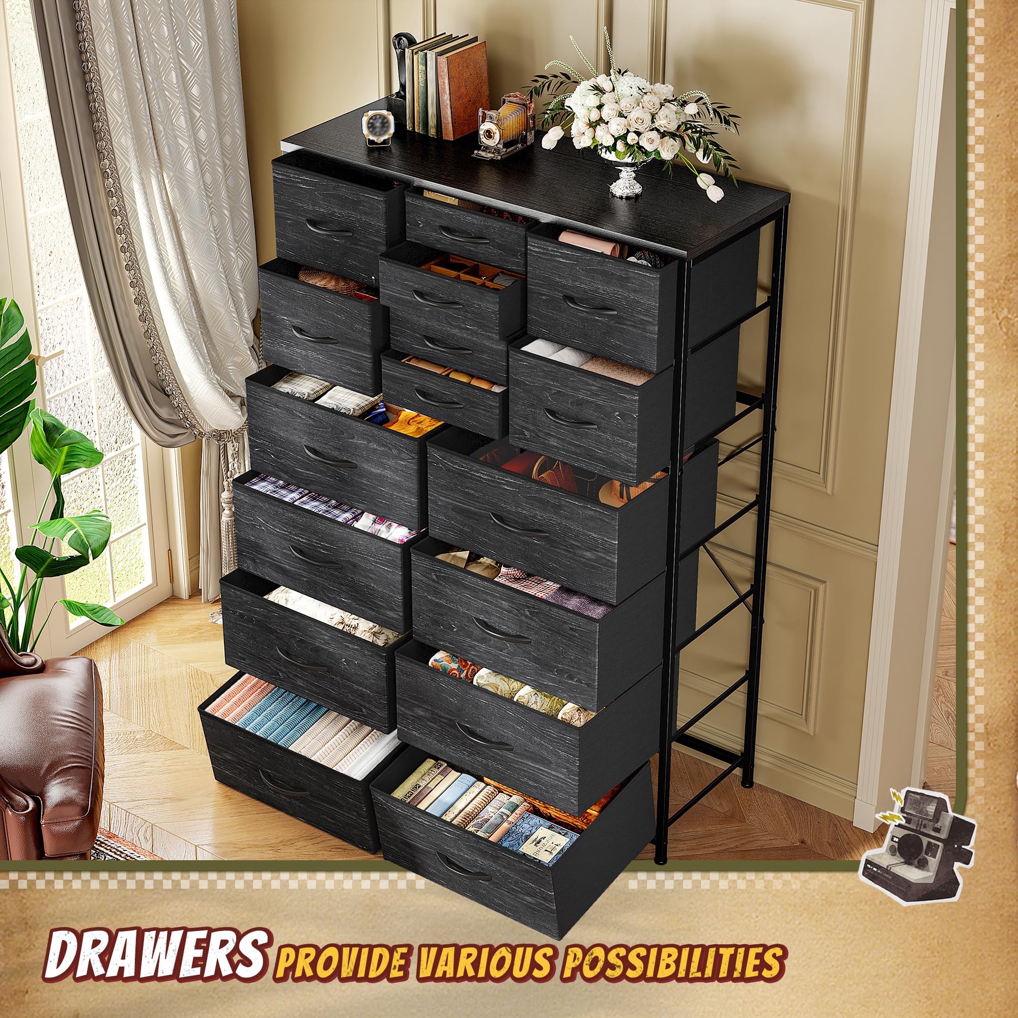 57" Fabric Dresser with 16 Drawers