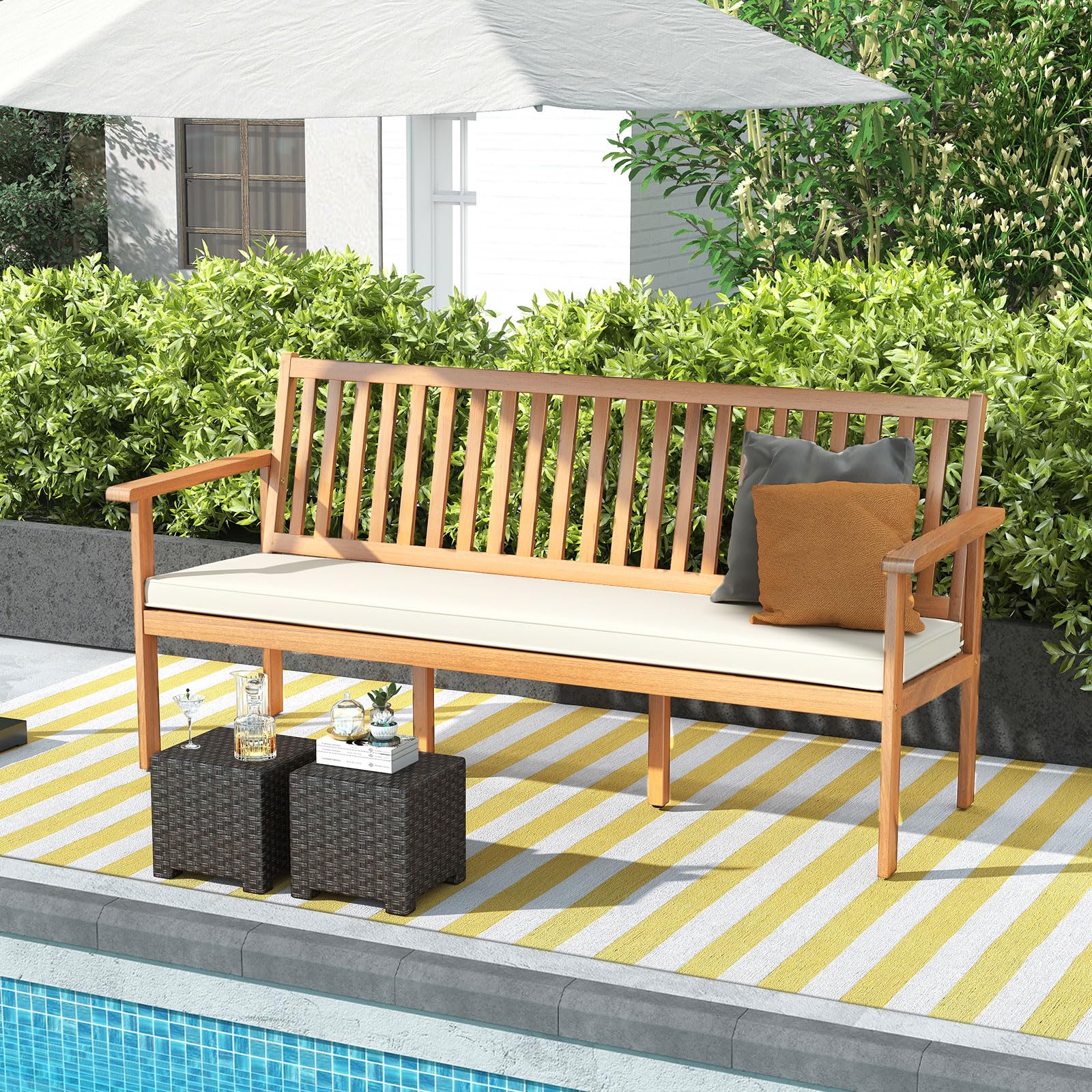 3-Person Acacia Wood Outdoor Bench with Cushion
