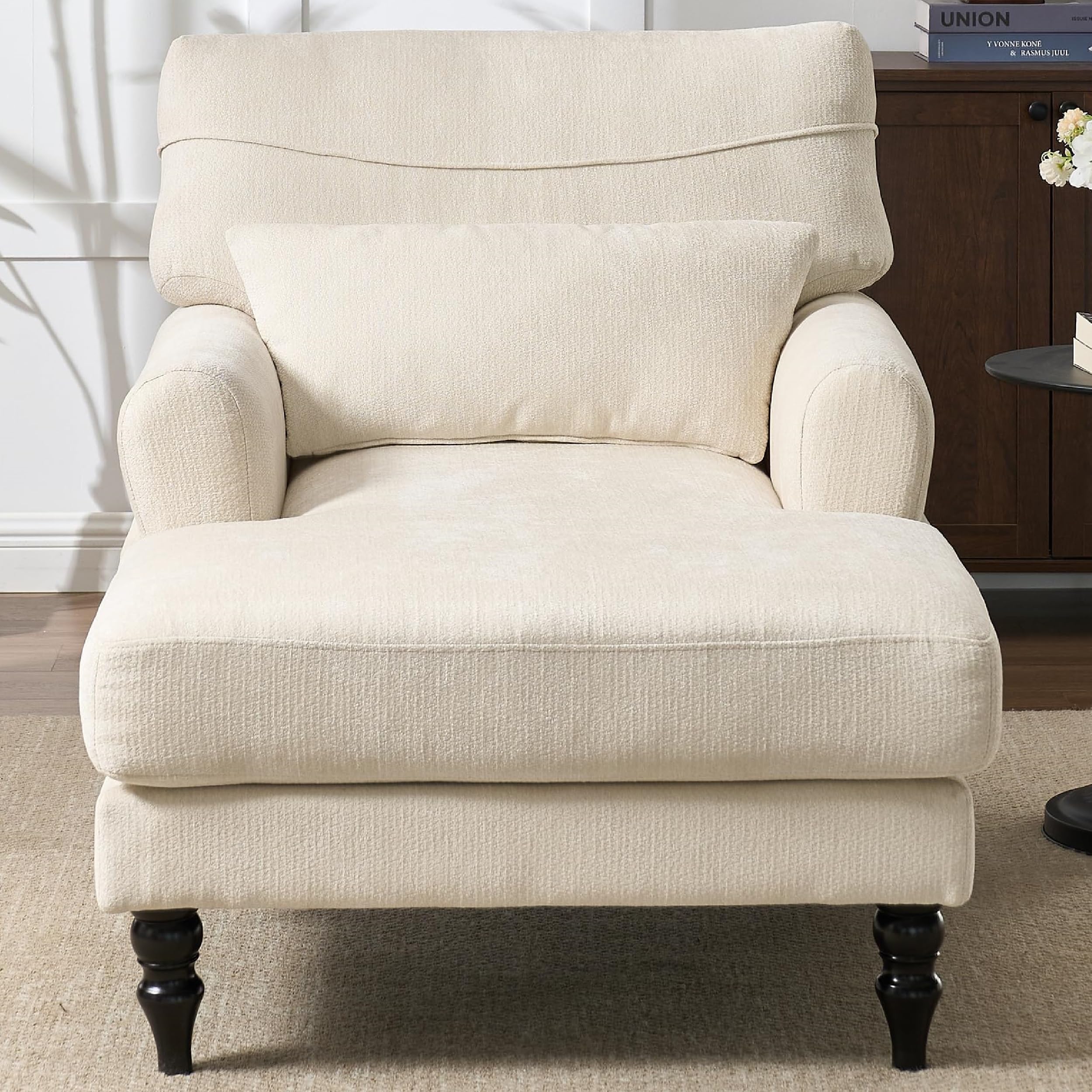 KEIKI Chaise Lounge Chair Indoor, Modern Leisure Sleeper Sofa Chair w/Double Deep Cushion, Accent Upholstered Reading Side Armchair, Recliner Arm Chairs for Living Room & Bedroom, Easy Assembly, White