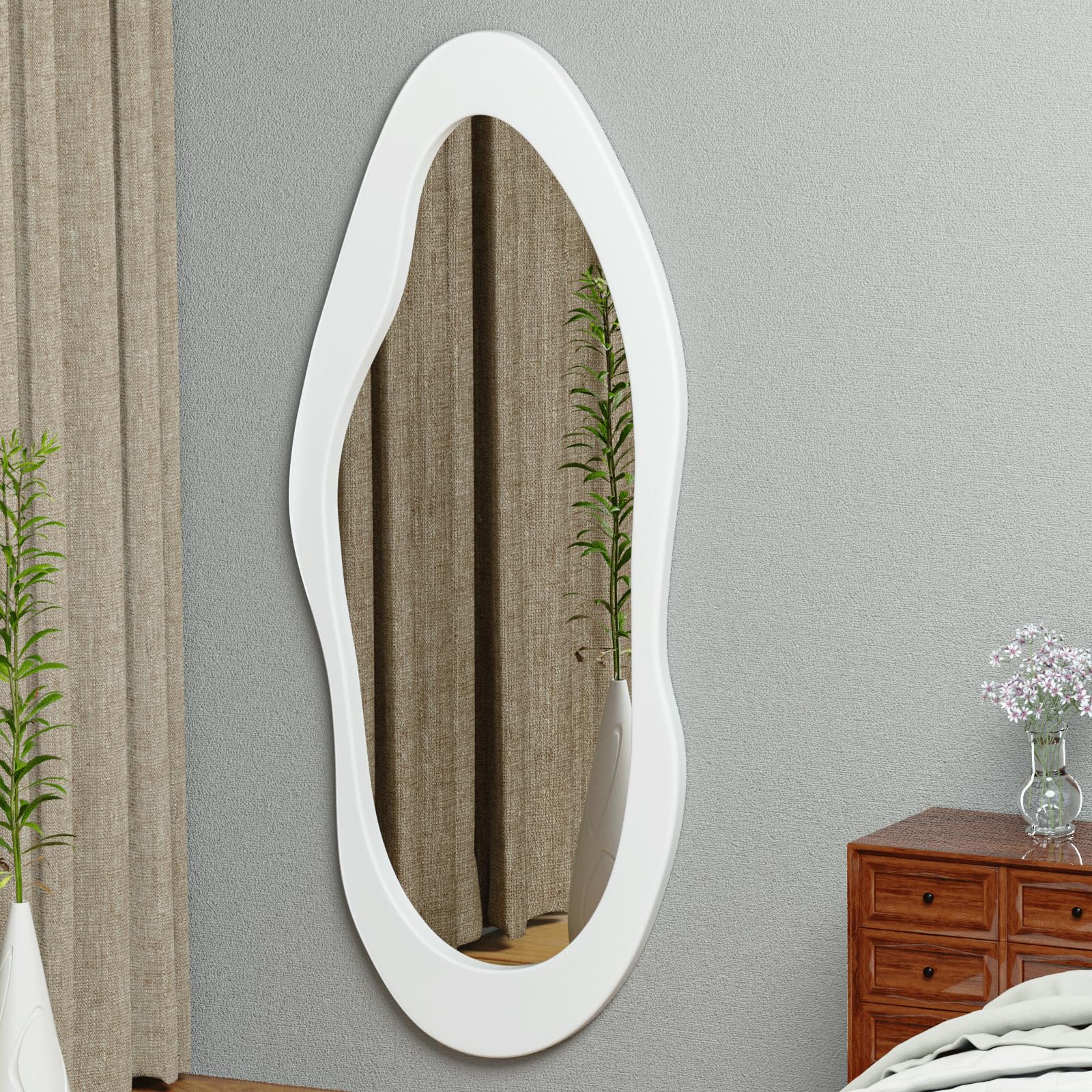 Irregular Wavy Full Length Mirror White Wooden Frame