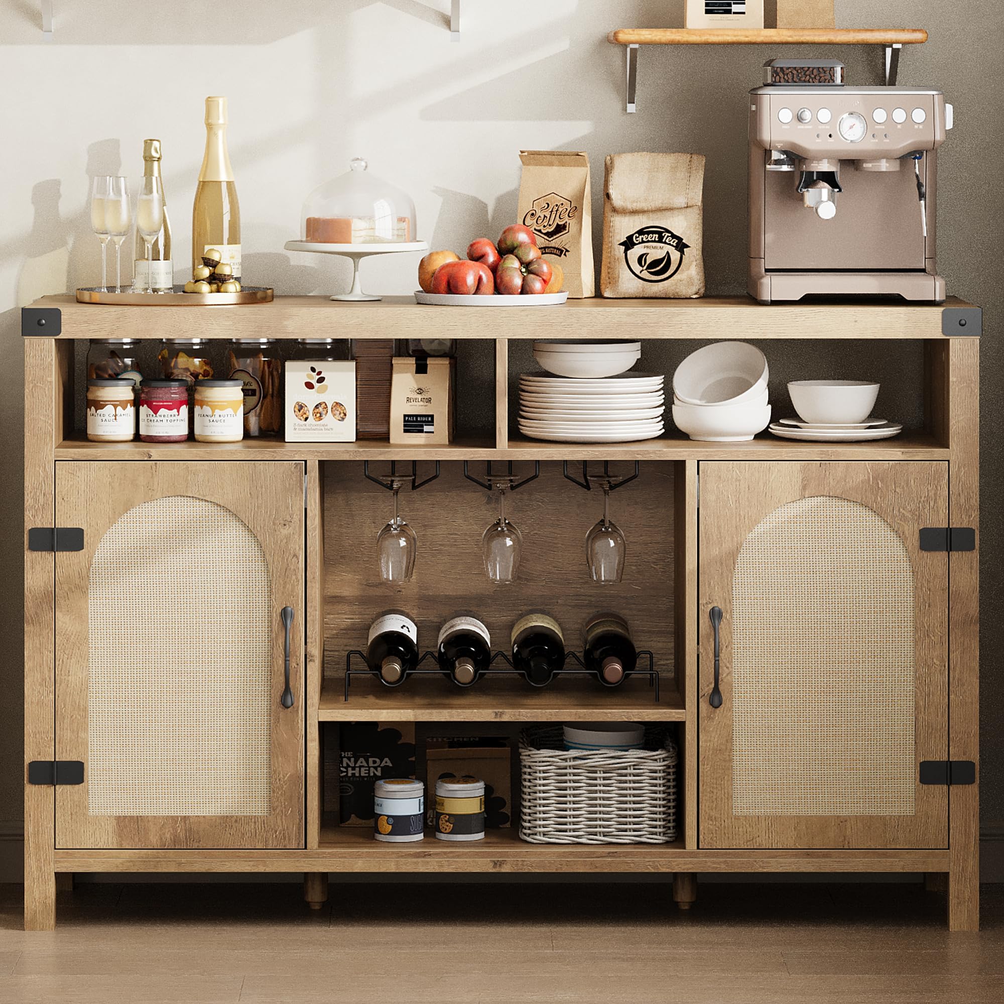 Farmhouse Wine Bar Cabinet with Adjustable Storage