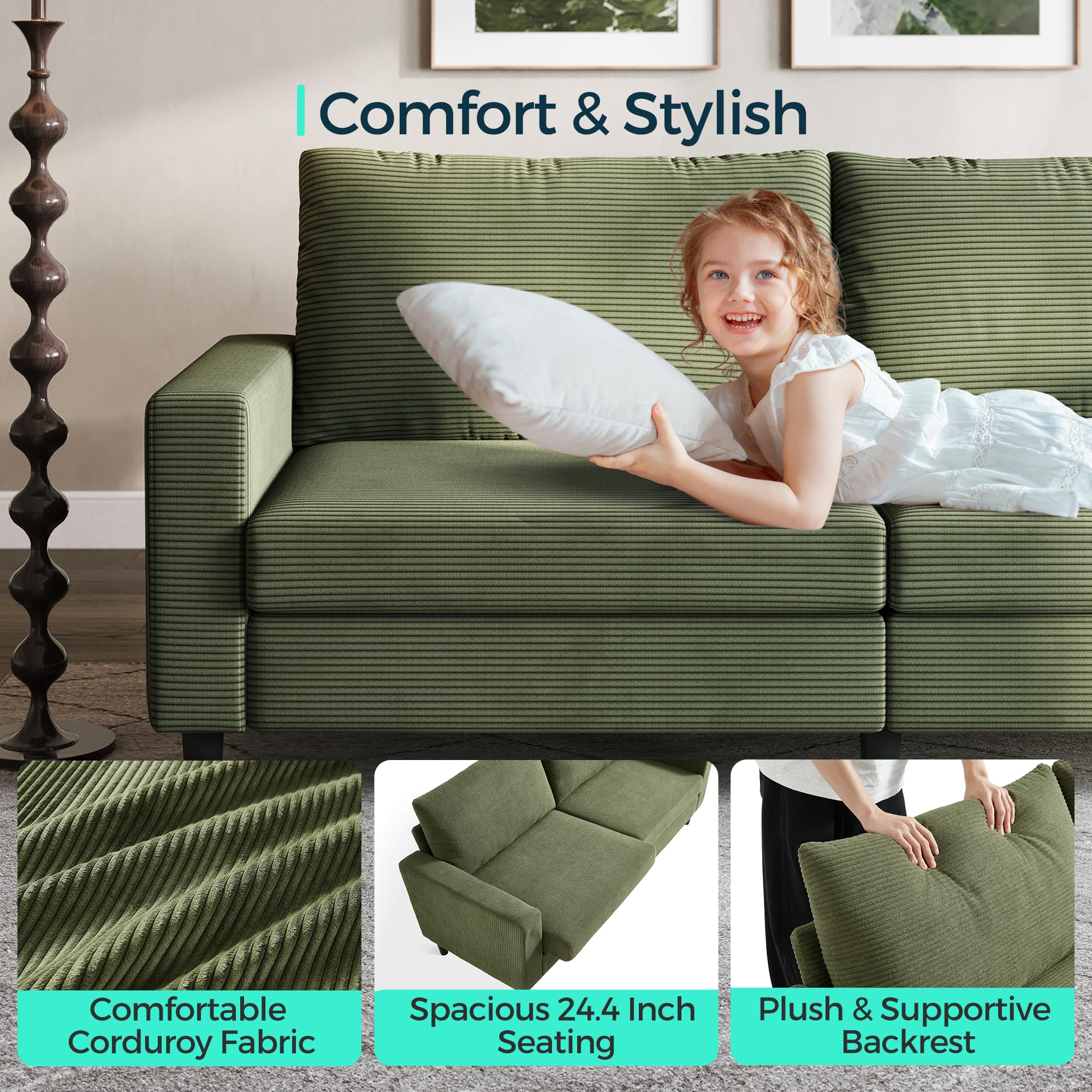 79-Inch Corduroy Loveseat Sofa with Adjustable Seat Depth