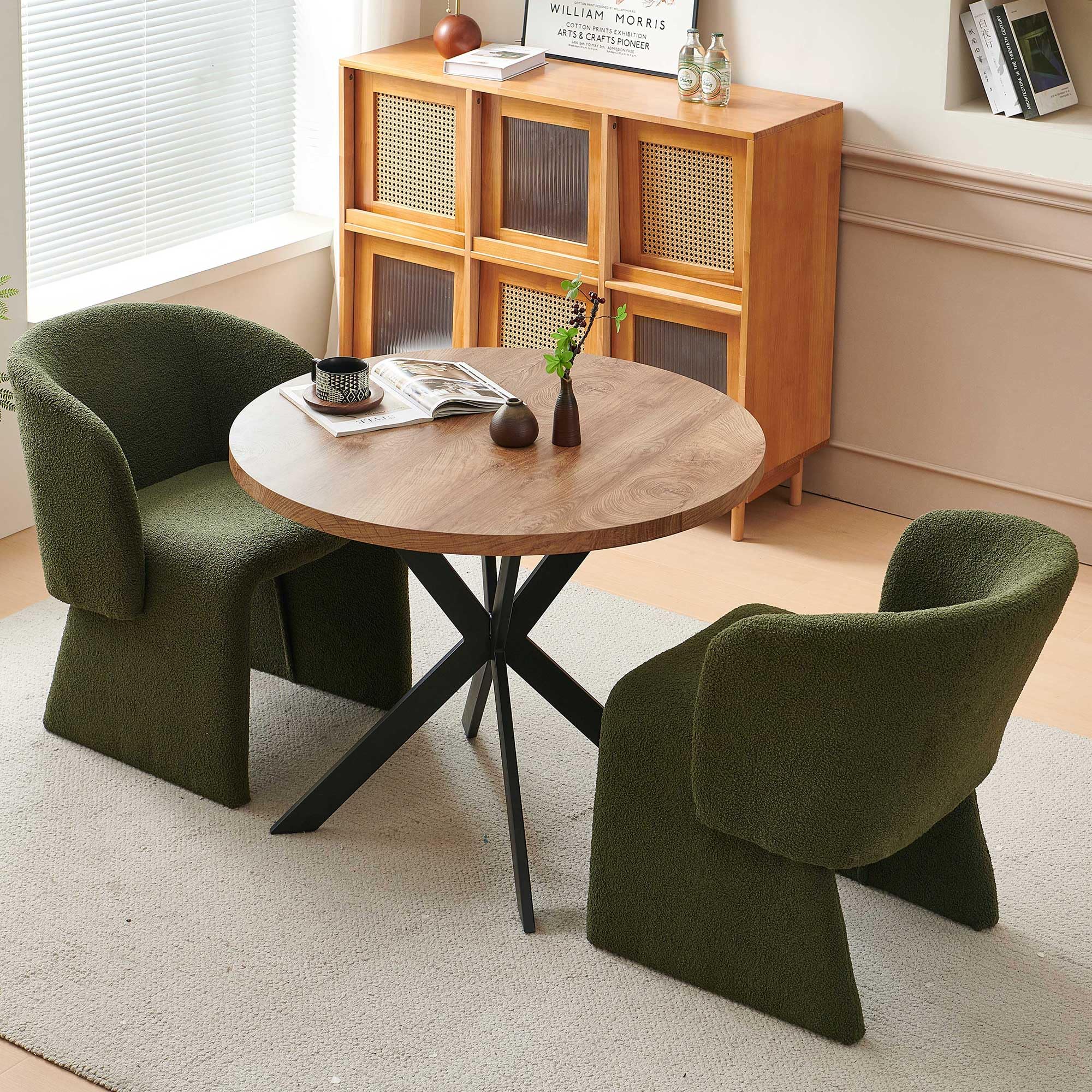 3 Pieces Breakfast Table Set for 2 - 37 Inch Round Dining Table with Dark Green Upholstered Chairs