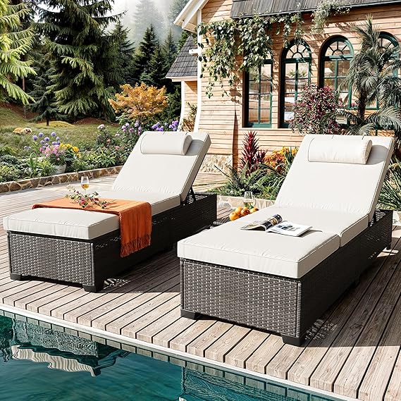 Outdoor PE Wicker Chaise Lounge Chairs Set of 2