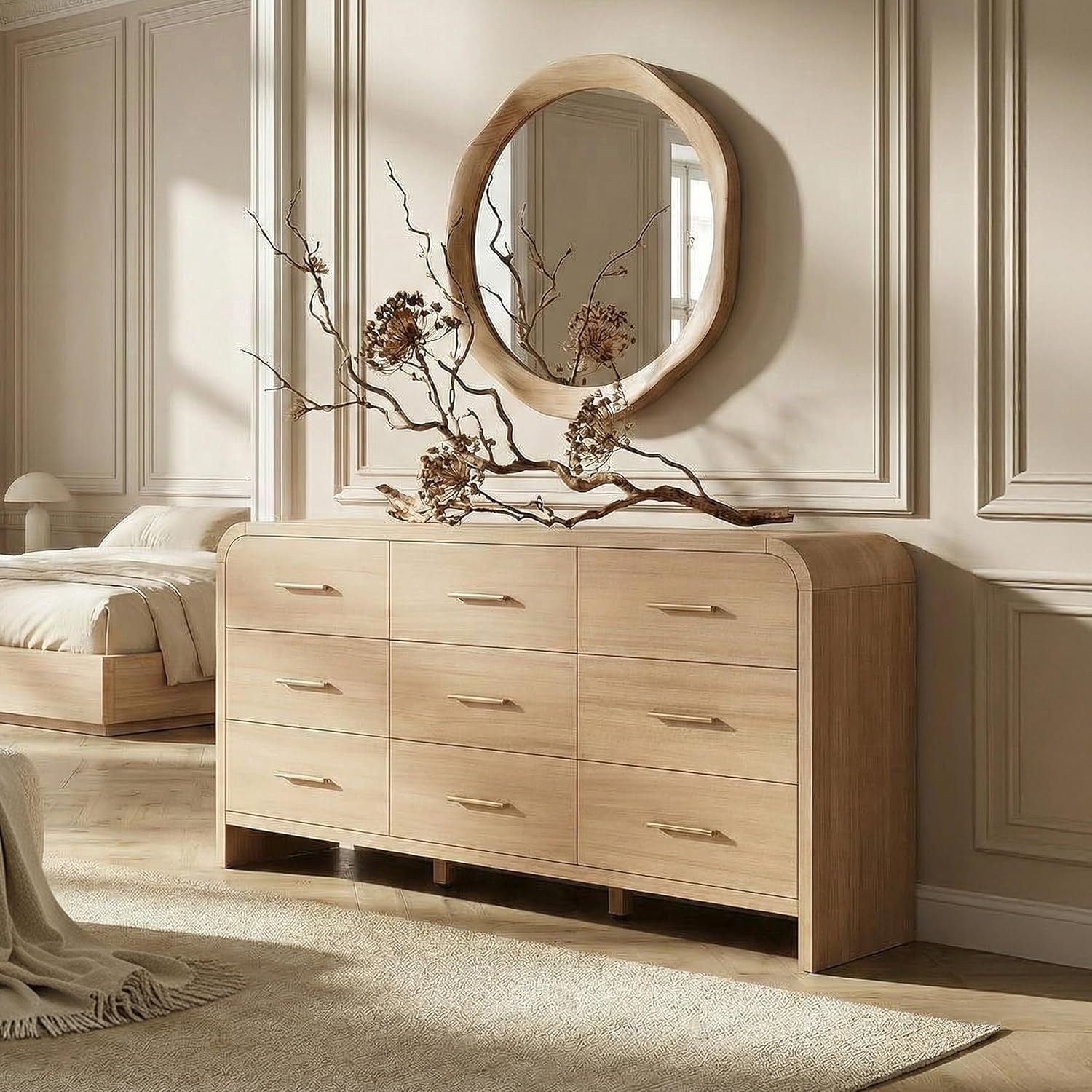 Curved 9-Drawer Dresser 63 Inch Wide Modern Chest Dark Burl