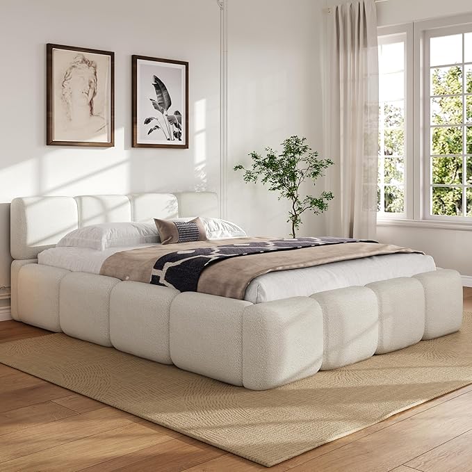 King Size Boucle Platform Bed with Thick Headboard
