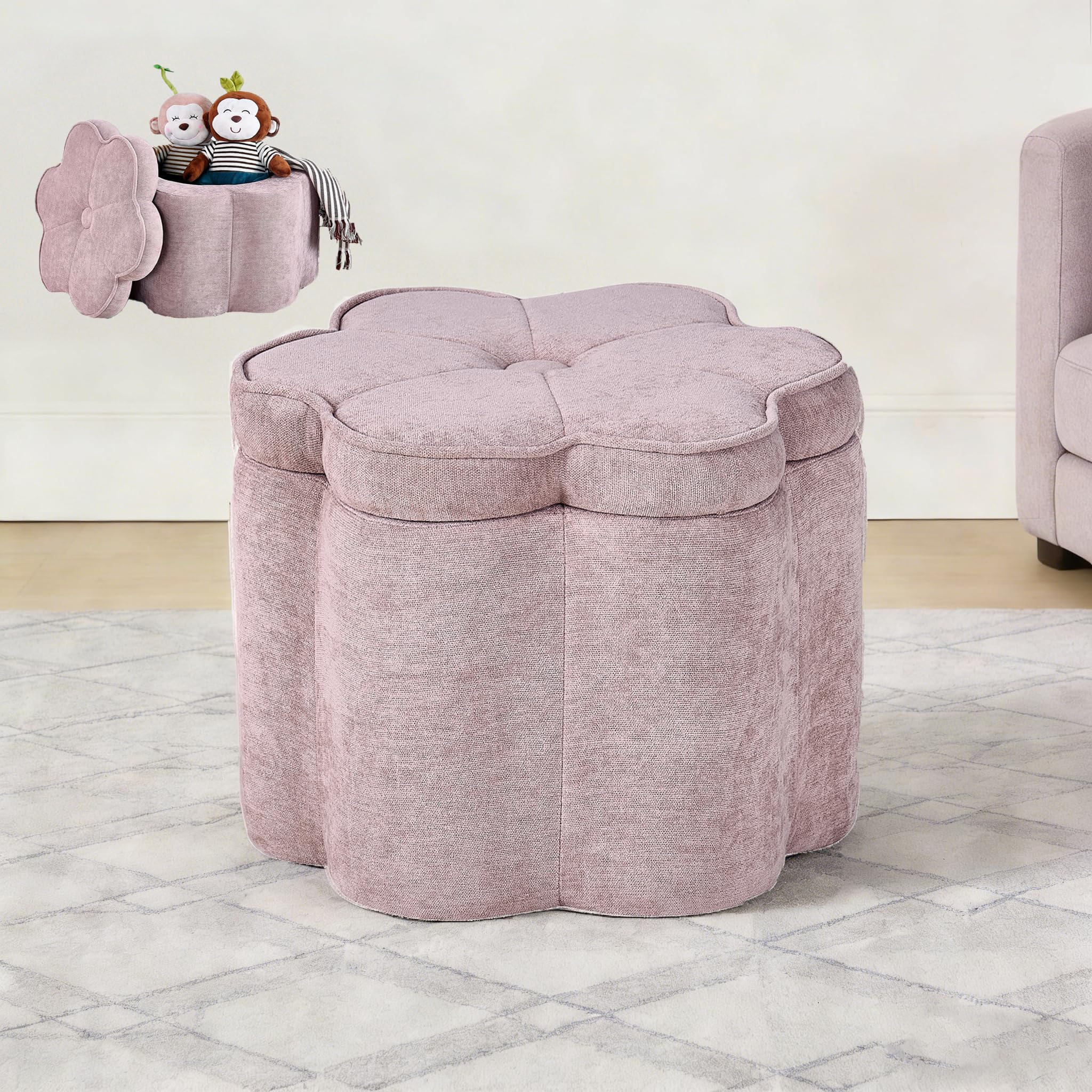 Pink Flower Storage Ottoman with Chenille Fabric