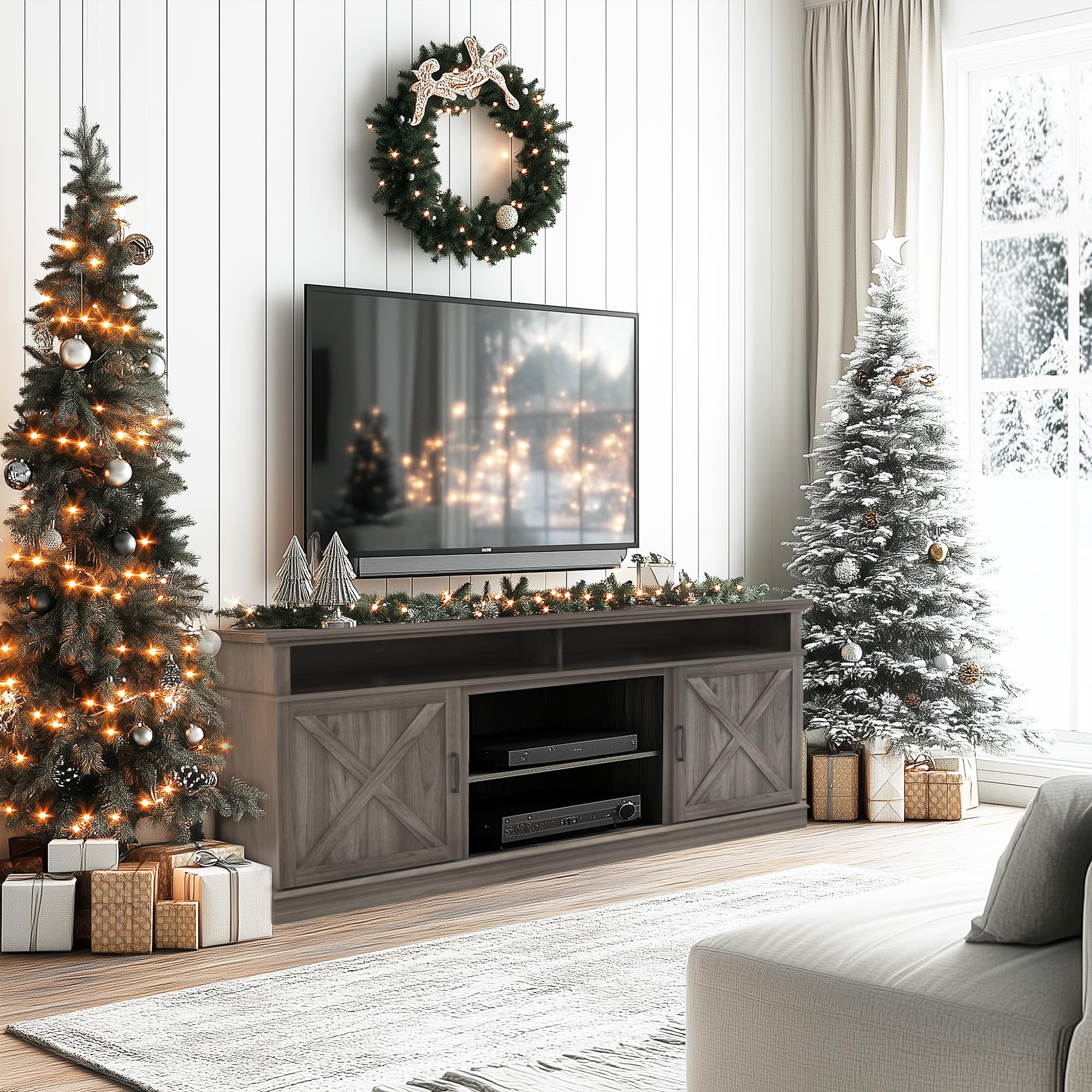 Fireplace TV Stand with Double Barn Doors - 72 Inch Entertainment Center