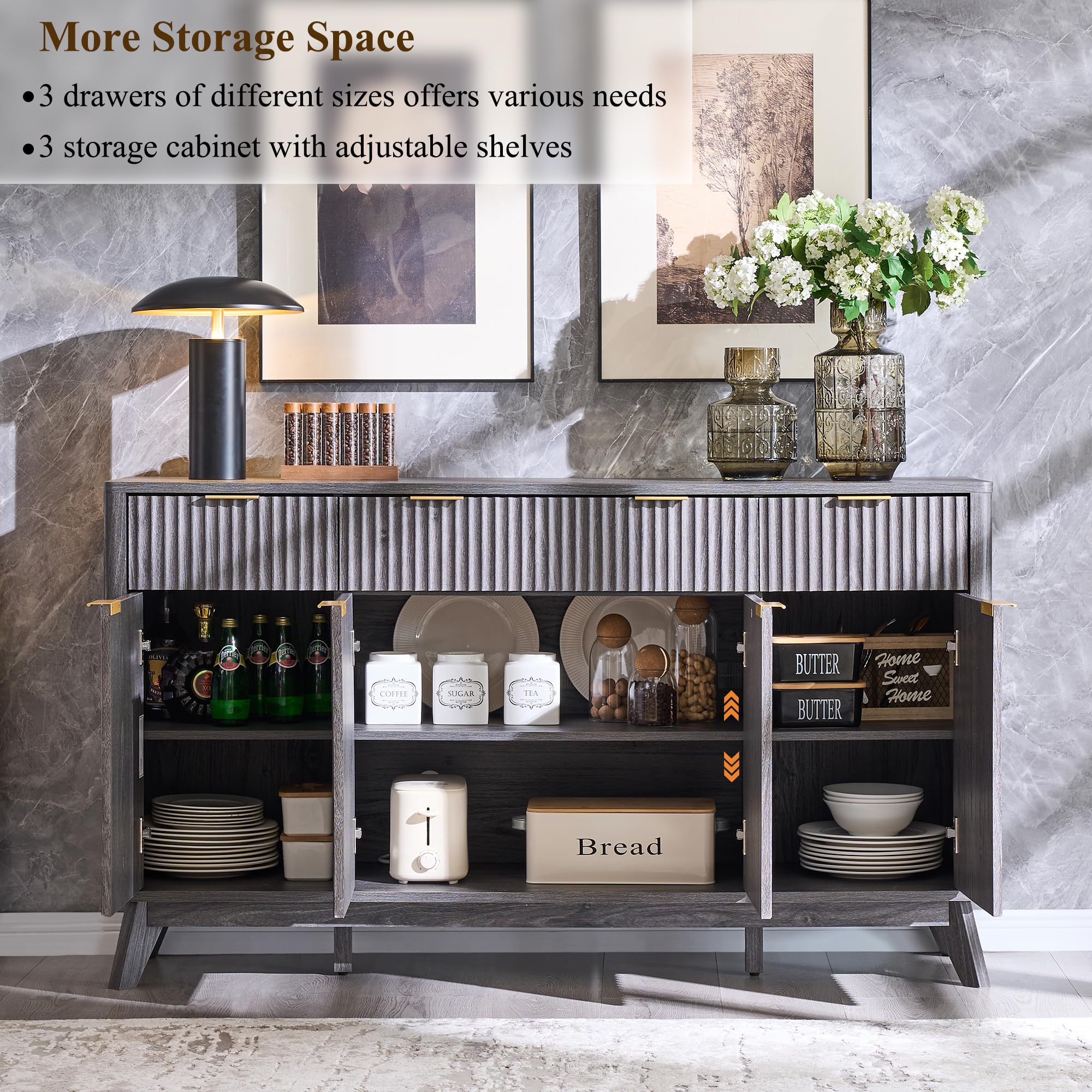 60" Fluted Buffet Sideboard Cabinet with 3 Drawers and 4 Doors