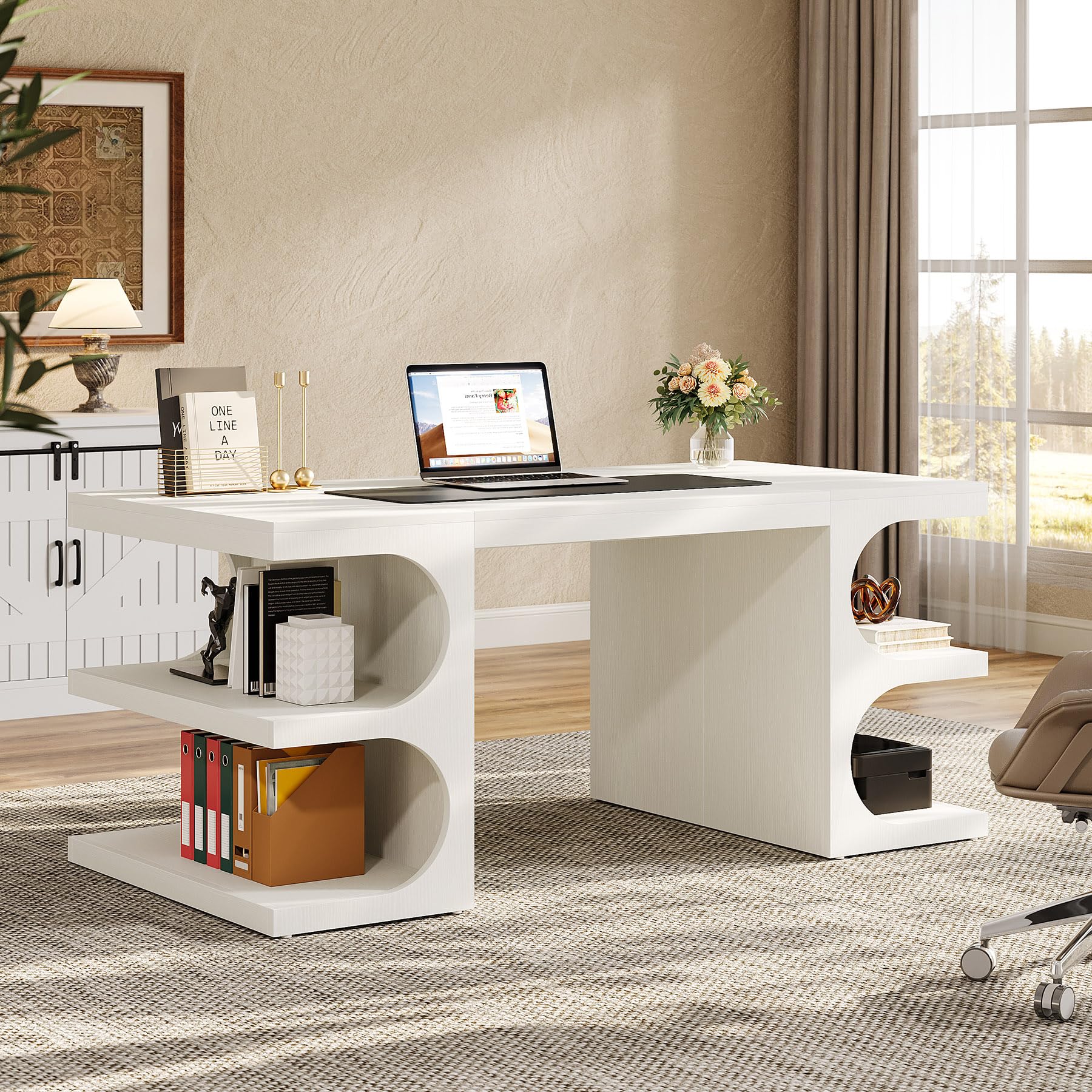 63 Inch White Executive Office Desk with Storage Shelves