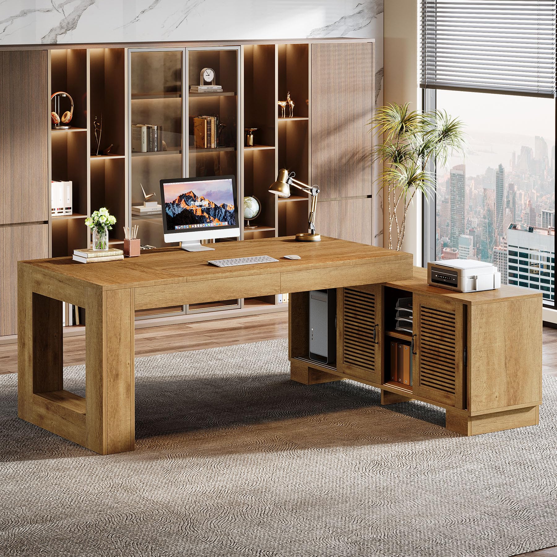 L-Shaped Executive Desk with Storage Cabinets and Shelf