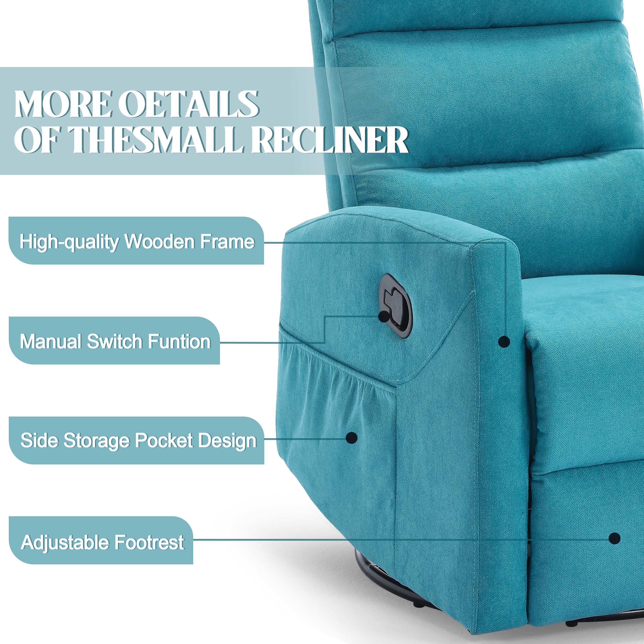 PELUMY Manual Recliner Chair, 360° Swivel Glider and Rocker Recliner with 155° Recline, Compact Fabric Recliner for Small Space, Nursery, Living Room, Bedroom, No Tools Assembly (Blue)