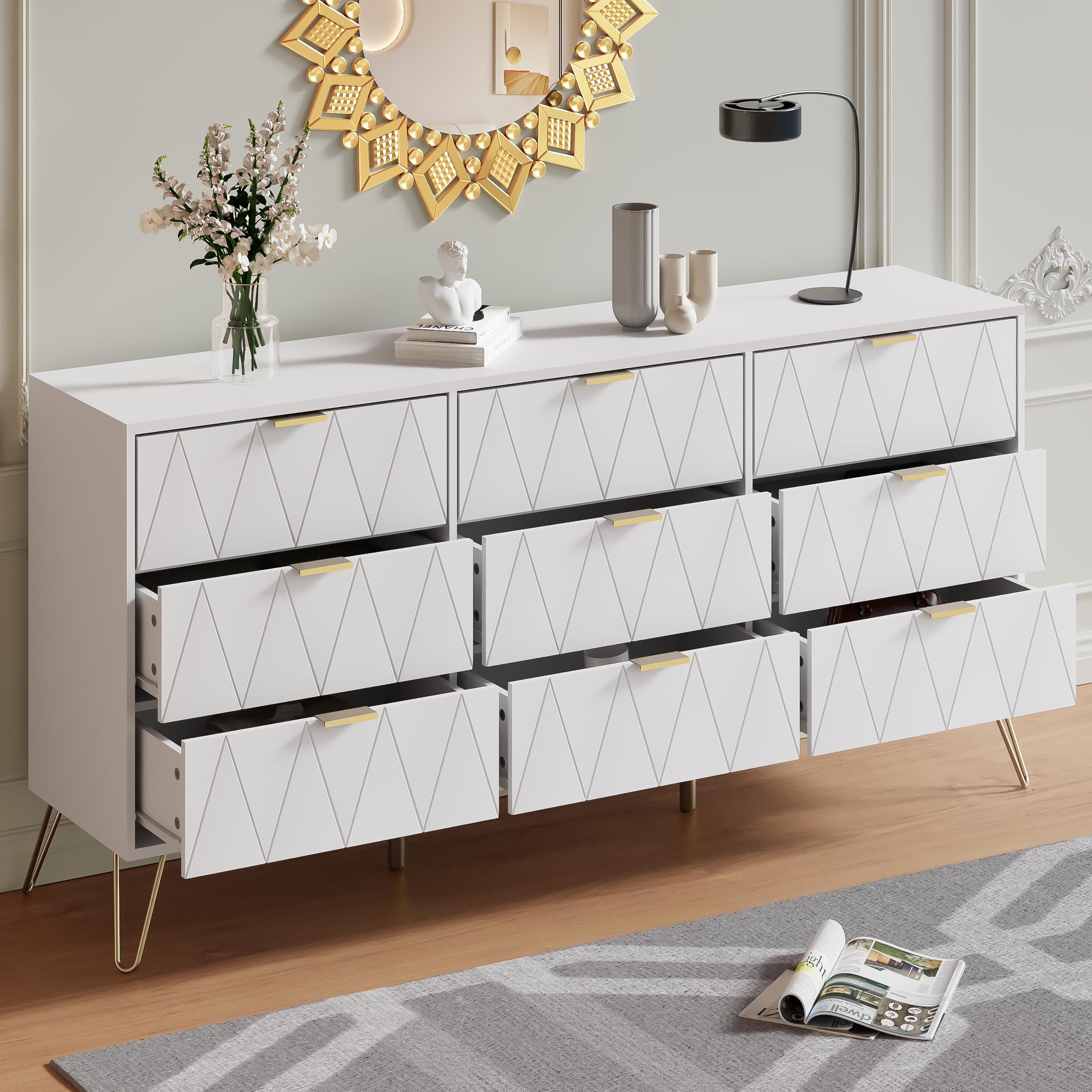 White 9 Drawer Dresser with Deep Drawers and Gold Handles
