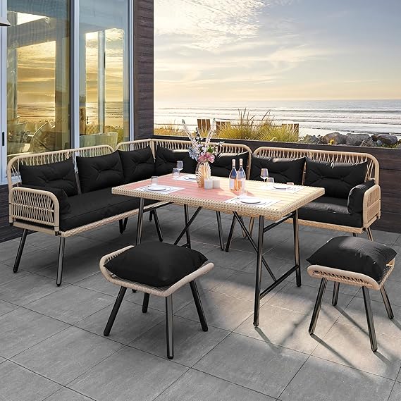 Patio Wicker L-Shaped Furniture Set with Cushions and Dining Table