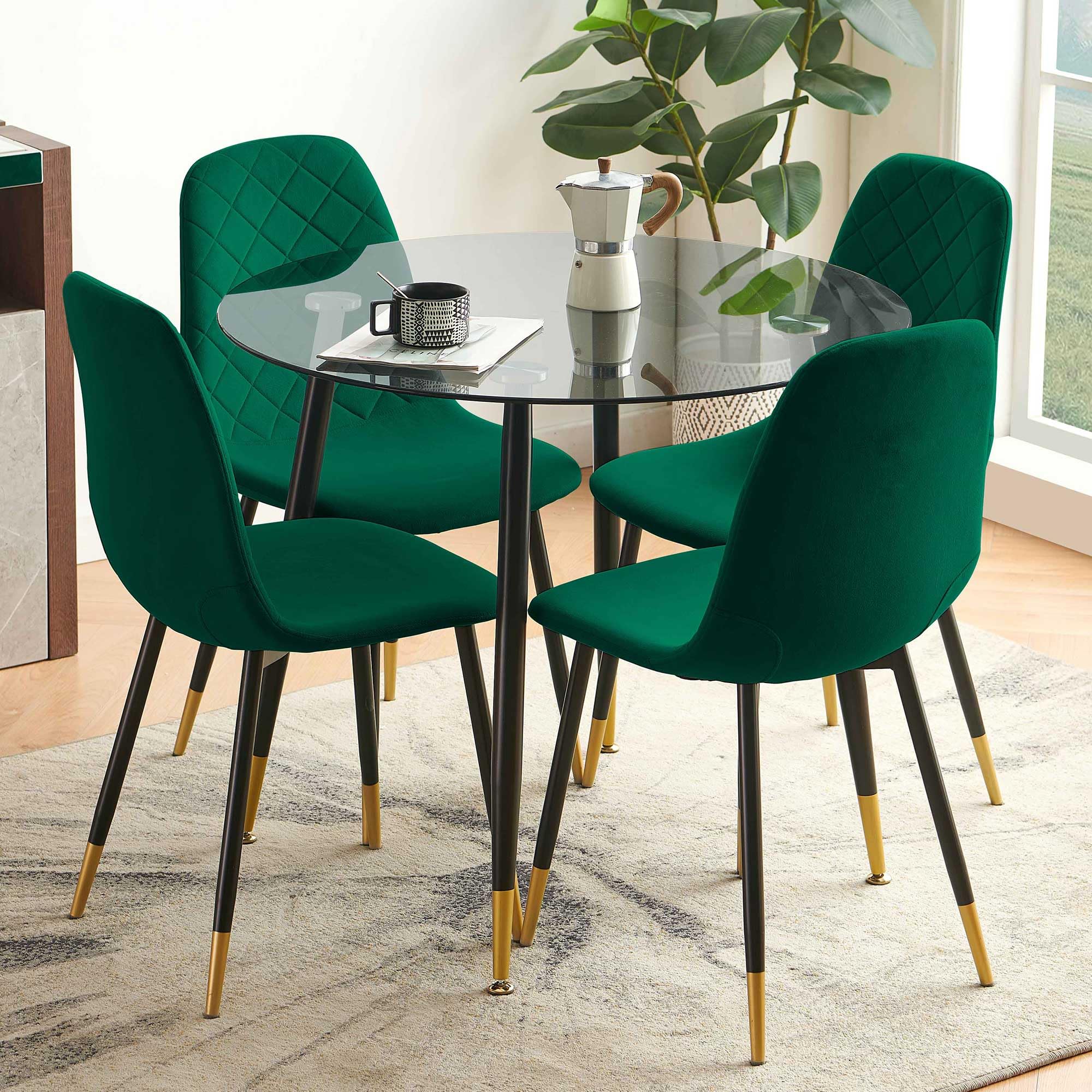 Tempered Glass Round Dining Table Set with 4 Green Velvet Chairs