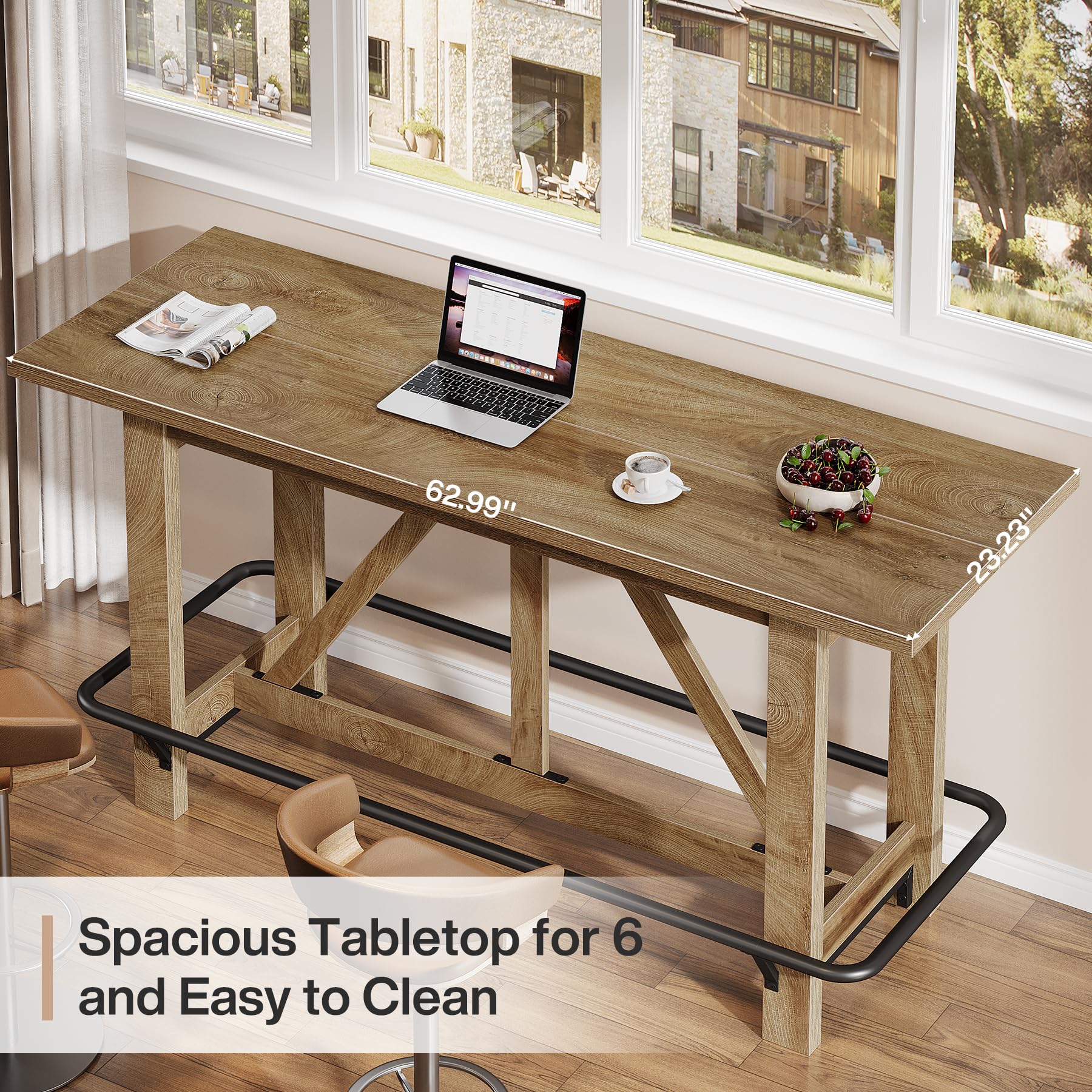 Tribesigns 63" Bar Table, Long Counter Height Pub Dining Table with Footrest, Home Bar Furniture for Bar, Kitchen & Dining Room, Living Room, Brown