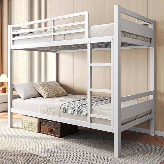 Metal Bunk Bed Twin Over Twin with Ladder and Guardrail