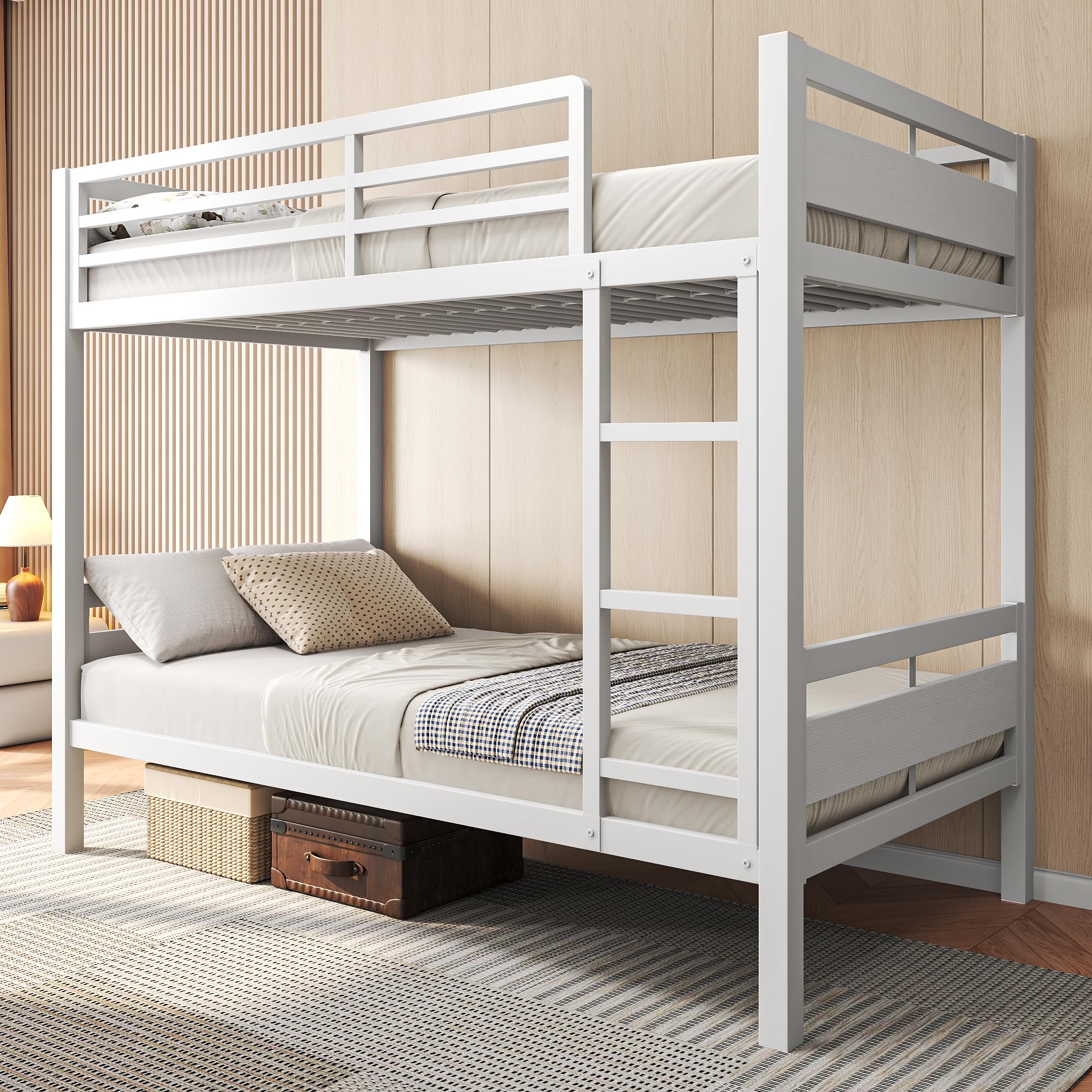 Metal Bunk Bed Twin Over Twin with Ladder and Guardrail