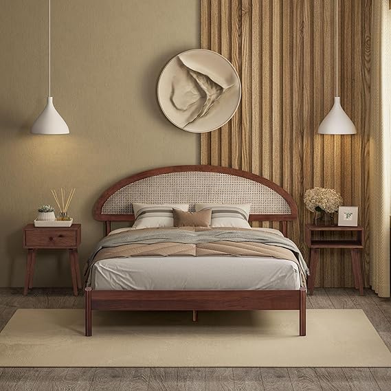 Wooden Bed Frame with Headboard and Natural Rattan King