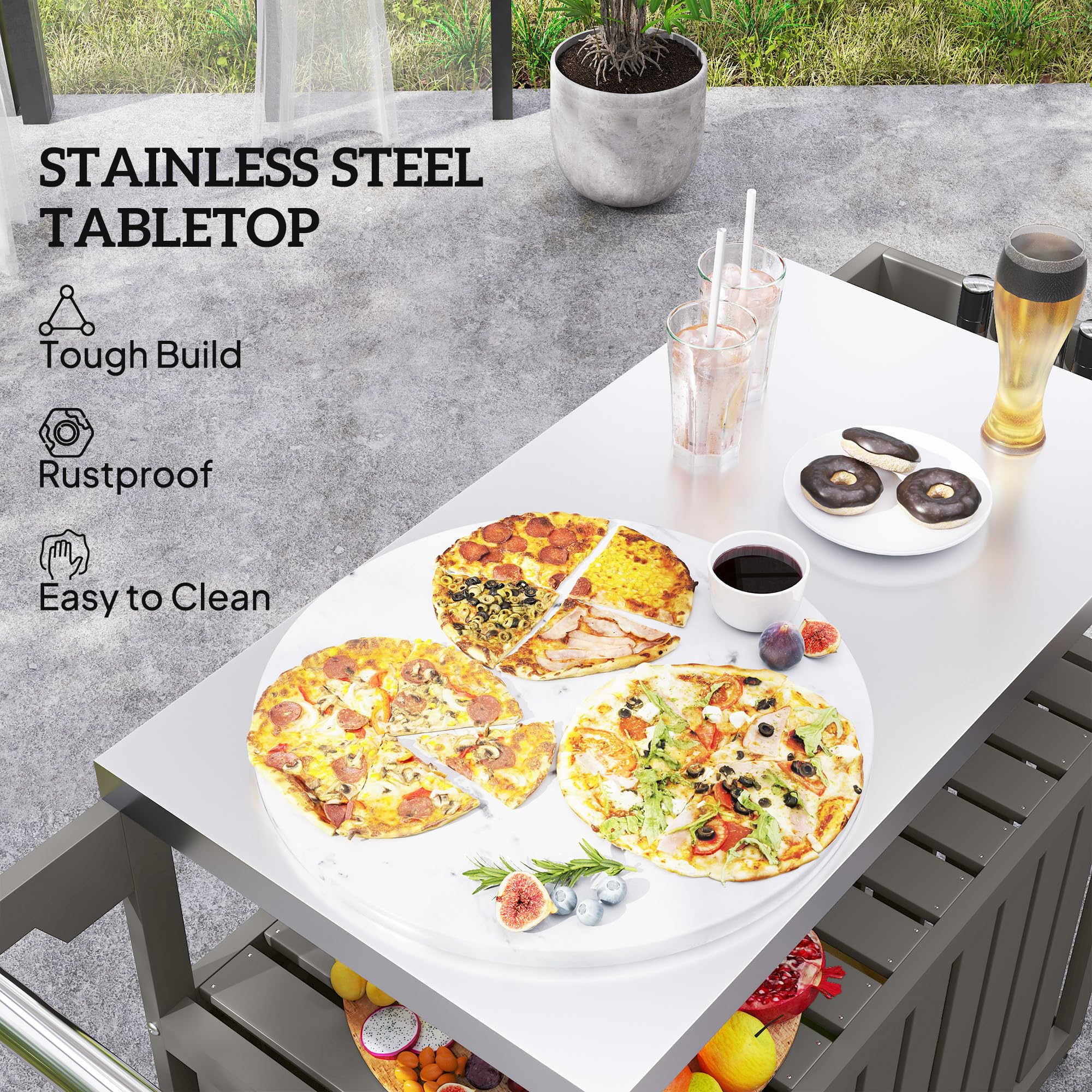 Outdoor Bar Cart with Storage Cabinet and Stainless Steel Top