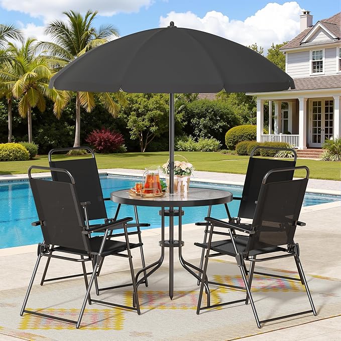 6 Piece Patio Dining Set with Umbrella and Folding Chairs