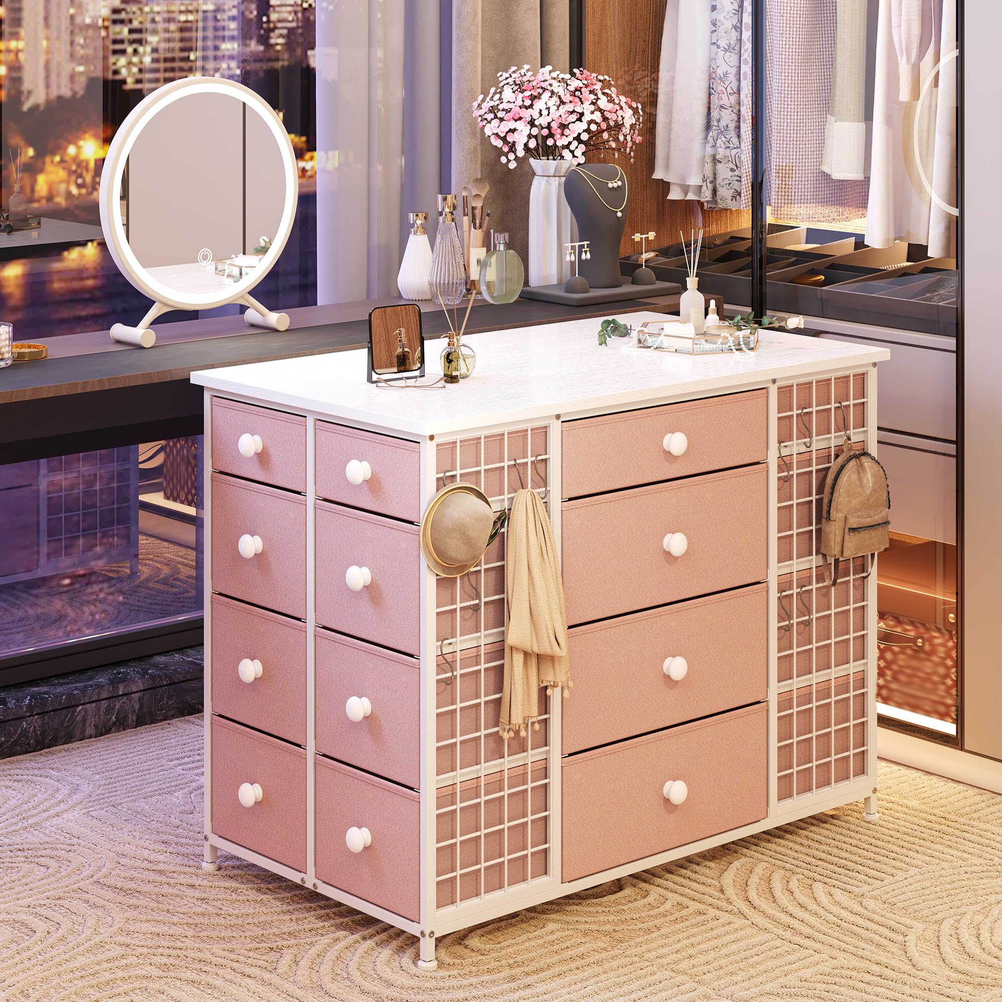 24 Drawer Dresser with Wheels - Pink Metal Frame Storage Organizer