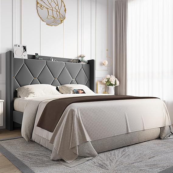 Queen Upholstered Platform Bed with Charging Station