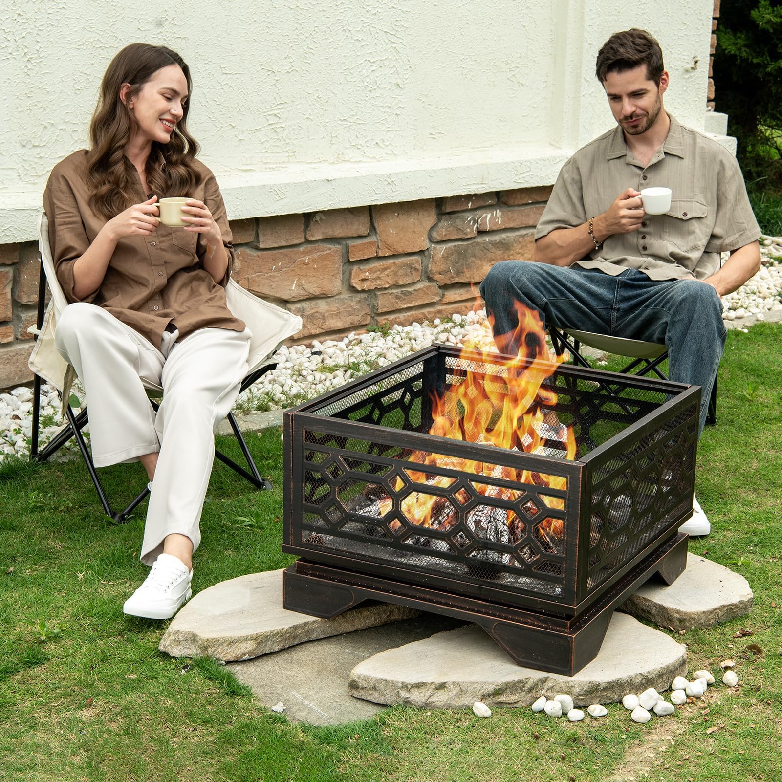 26 Inch Square Wood Burning Fire Pit with Mesh Cover