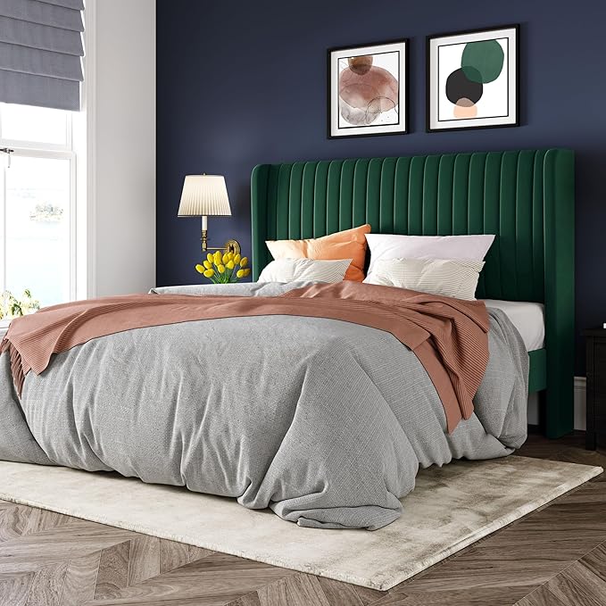 Queen Size Velvet Platform Bed Frame with Tufted Wingback Headboard