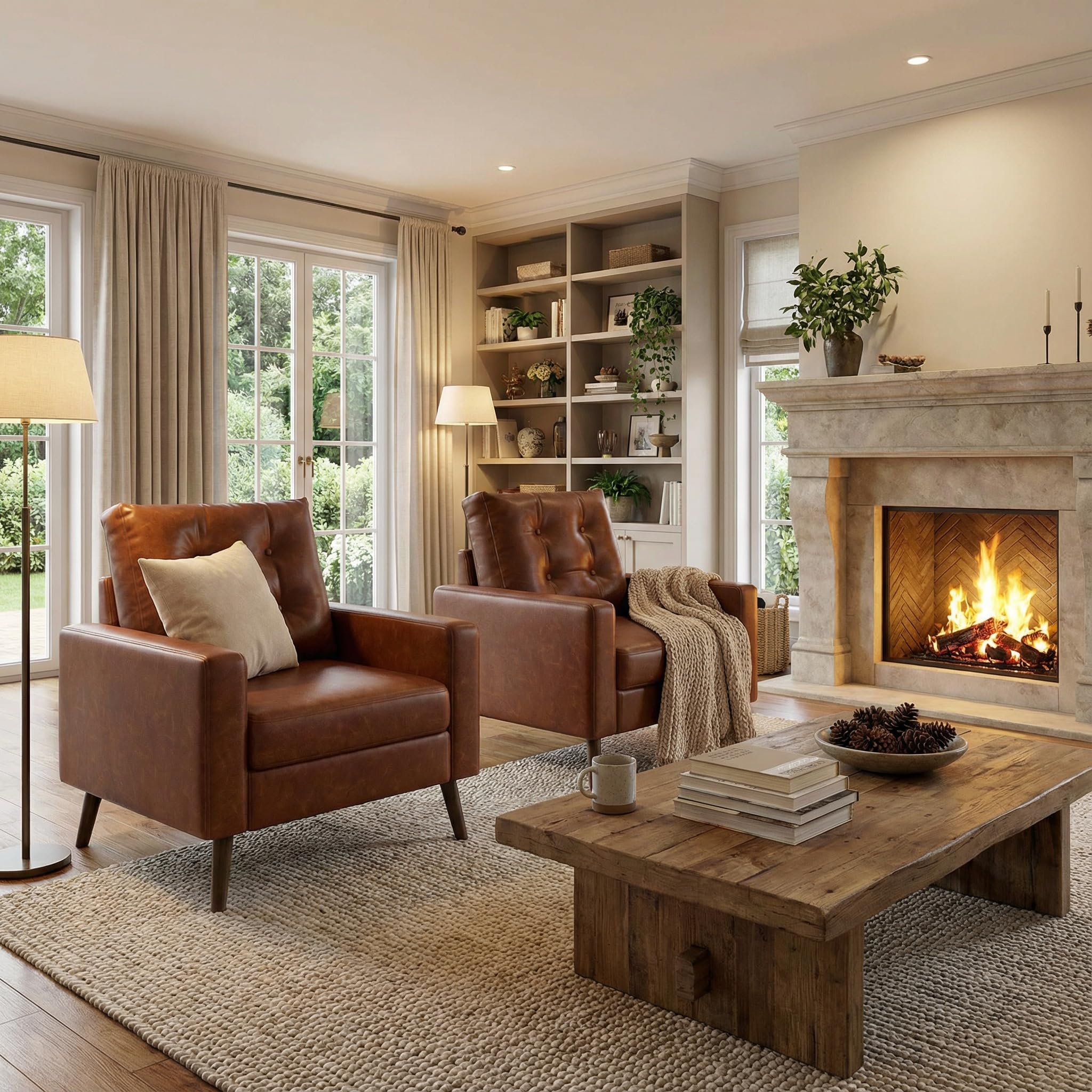 HNY Mid Century Modern Armchair, Button Tufted Faux Leather Accent Chair with Armrests, Upholstered Club Chair for Living Room, Bedroom & Office, Caramel Brown