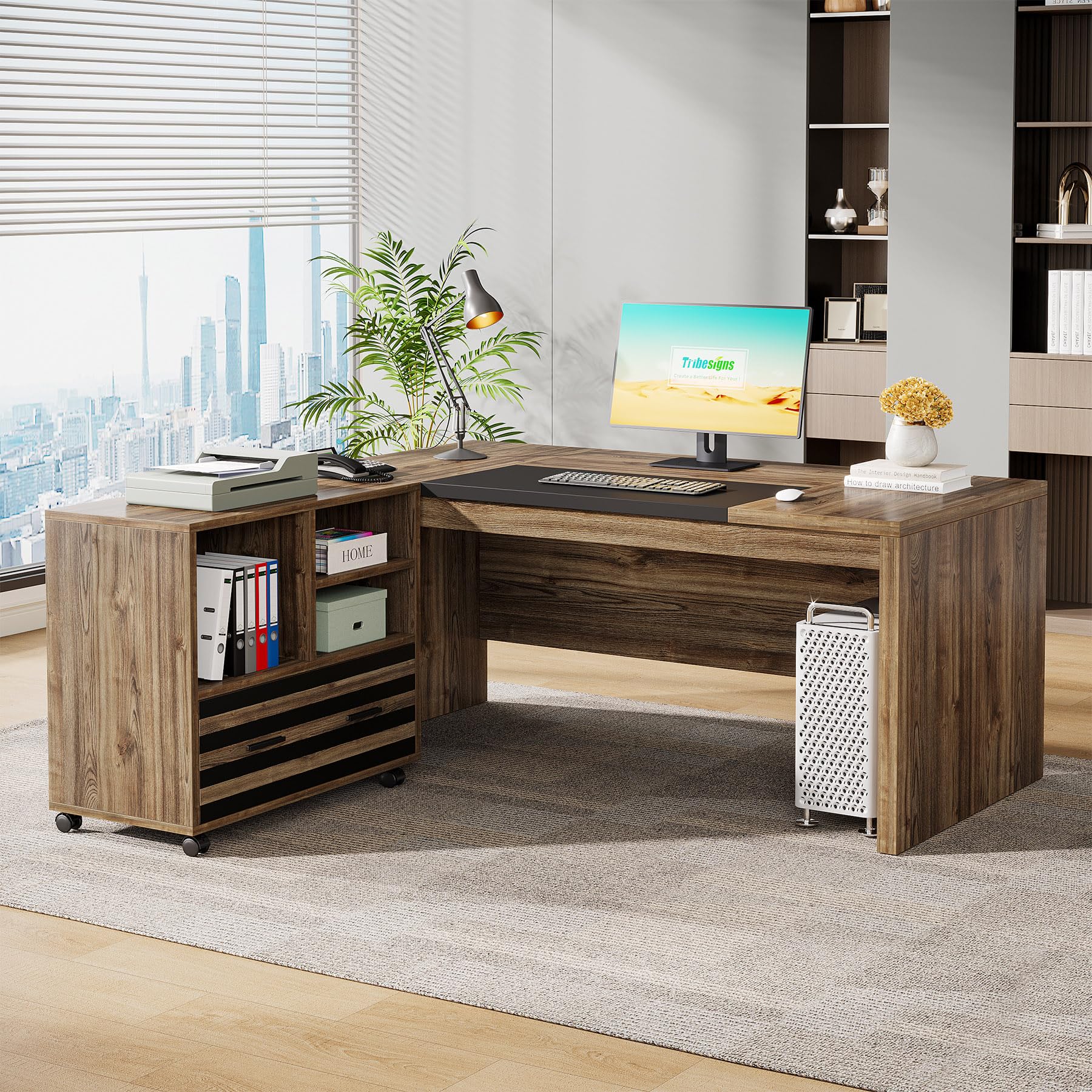 62.2" L-Shaped Executive Desk with Mobile File Cabinet