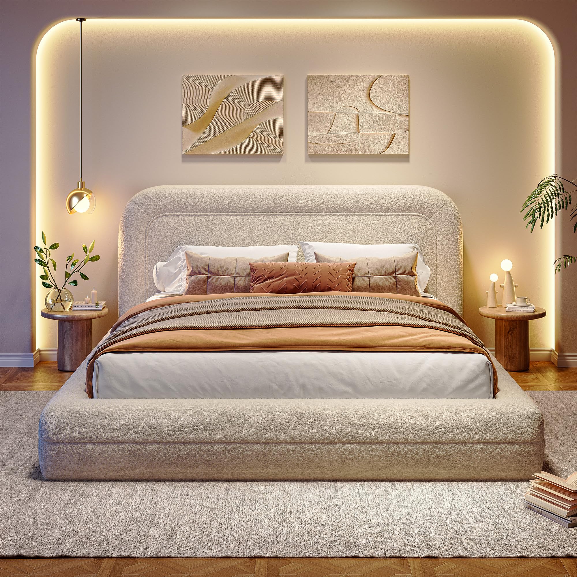 Queen Upholstered Platform Bed Frame with Curved Headboard