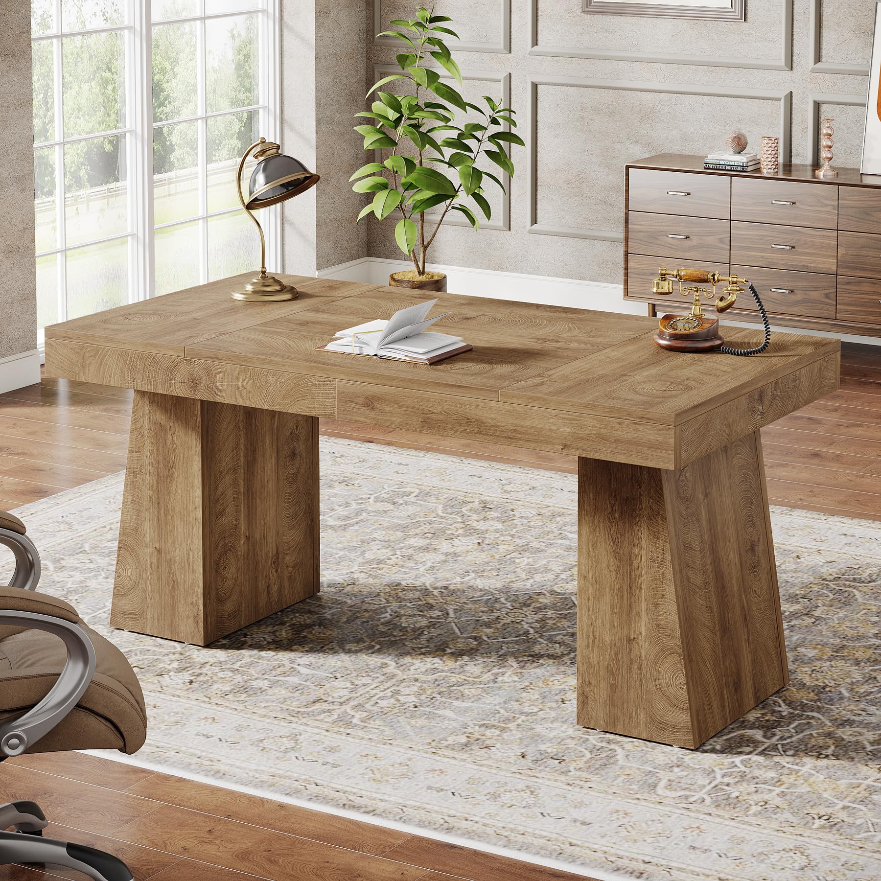 55-Inch Executive Desk Mid-Century Modern Wood Computer Table