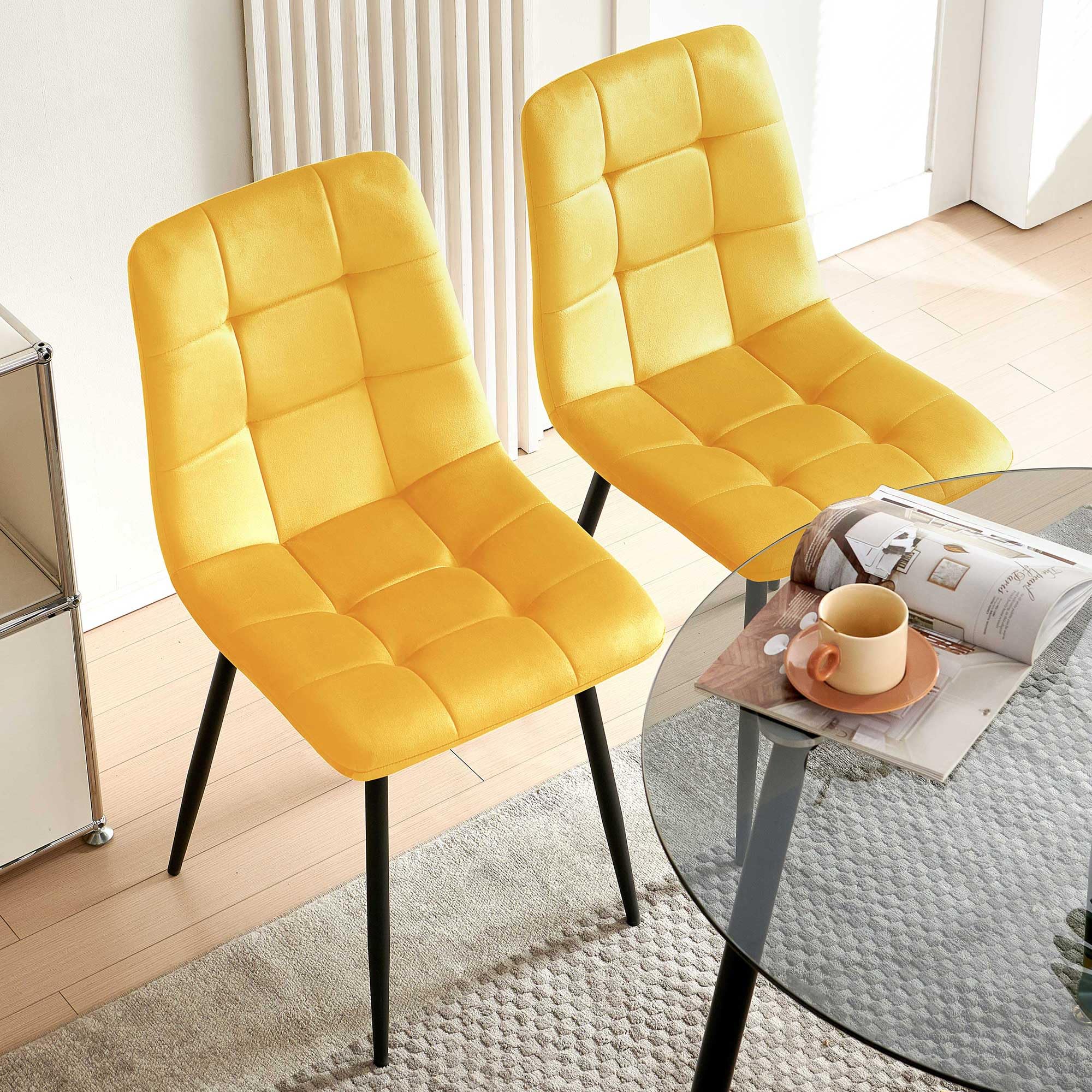 5-Piece Modern Dining Set with Round Tempered Glass Table & Yellow Velvet Chairs