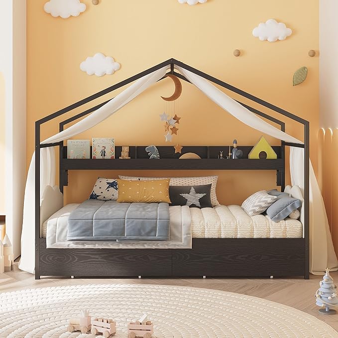 Twin House Bed Frame with Storage Drawers