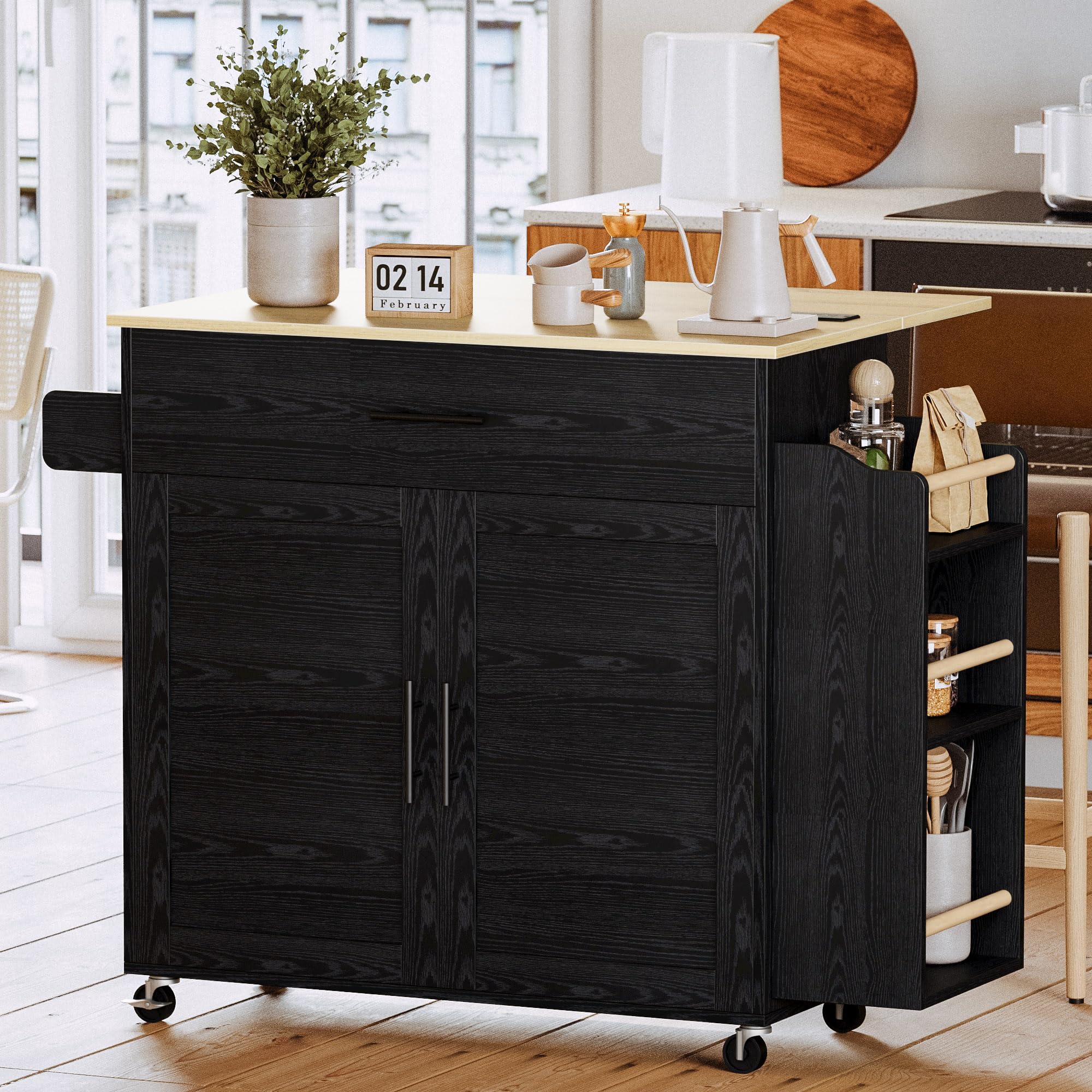 Rolling Kitchen Island with Storage and Charging Station