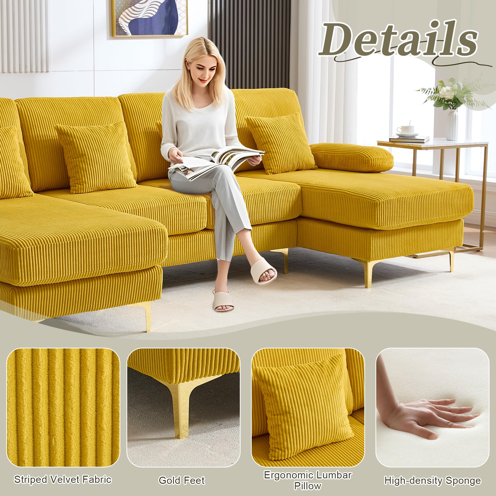 U-Shaped Sectional Sofa with Double Chaise and USB Ports