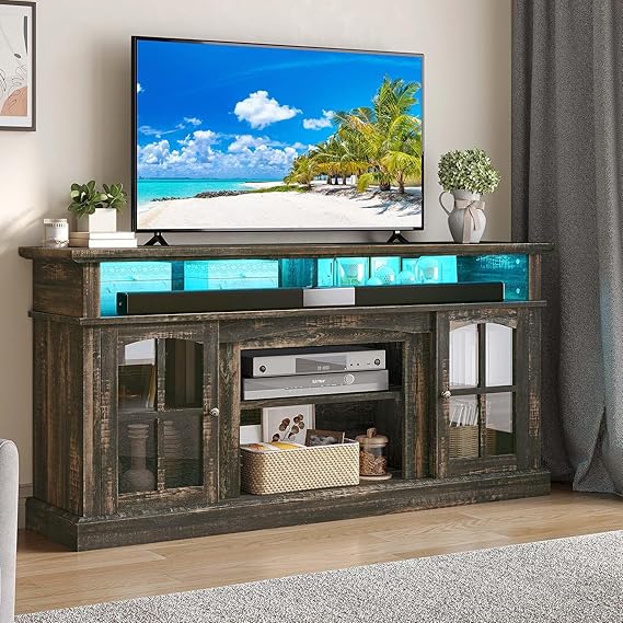 Farmhouse TV Stand for 75 Inch TV with Power Outlets and Sliding Barn Doors