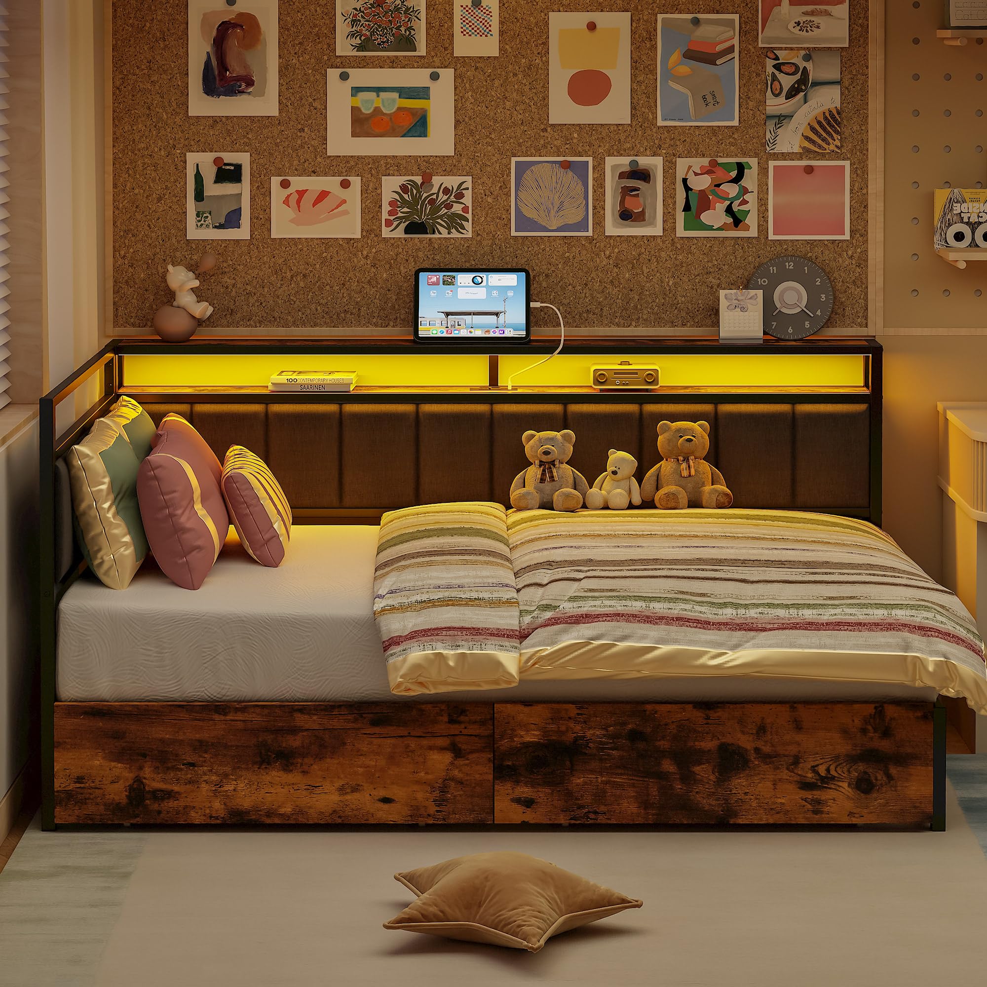 Corner Twin Daybed with Storage Drawers and LED Lights