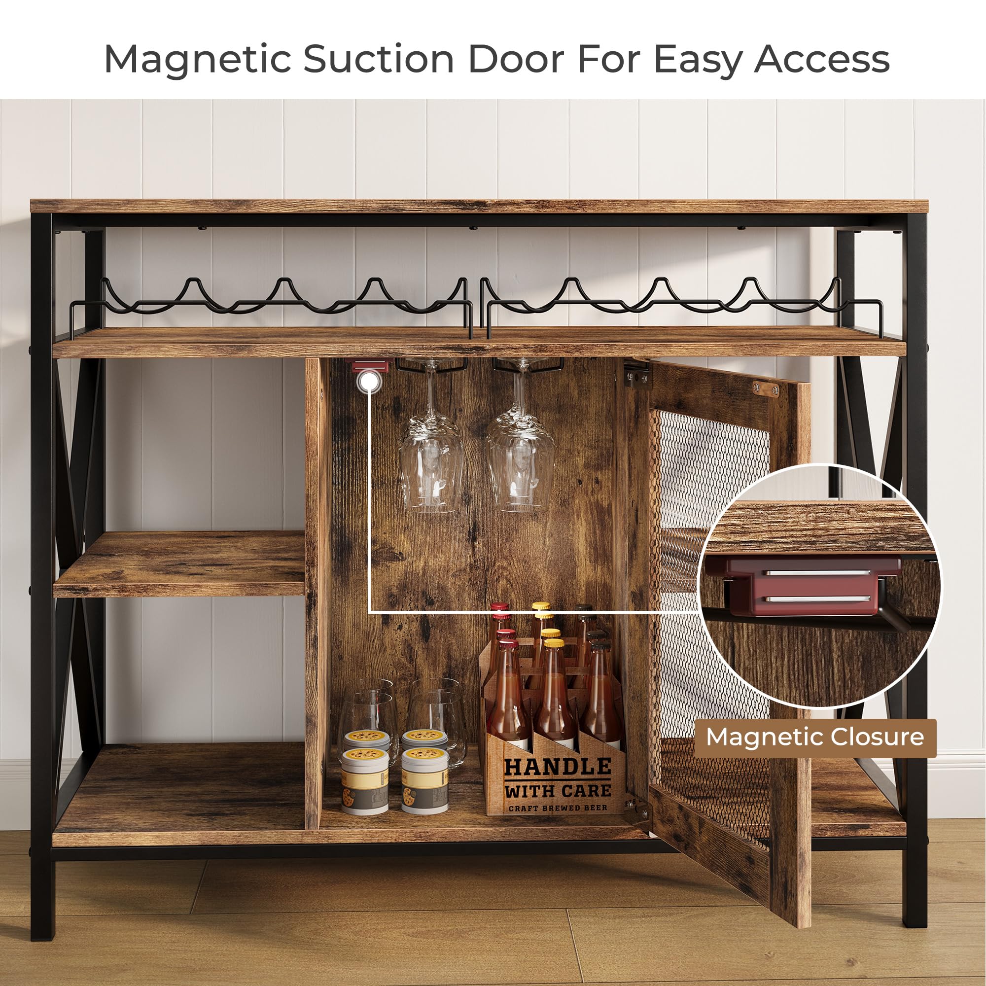 Industrial Wine Bar Cabinet with Wine Rack and Stemware Holder