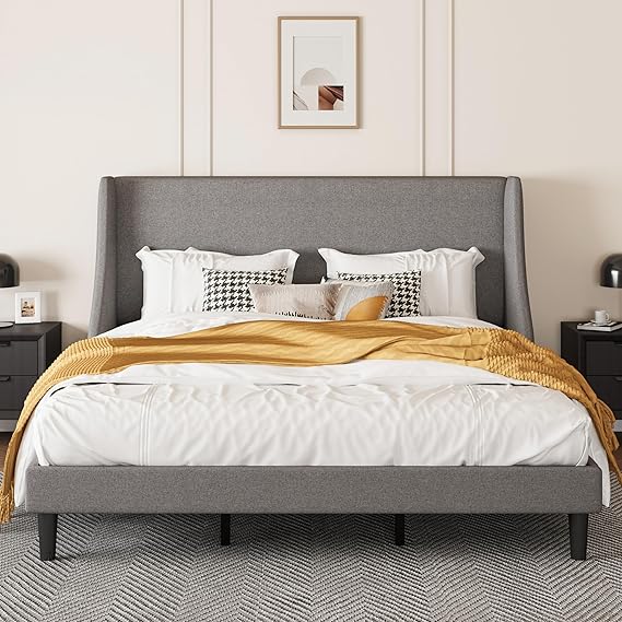 Upholstered King Bed Frame with Wingback Headboard